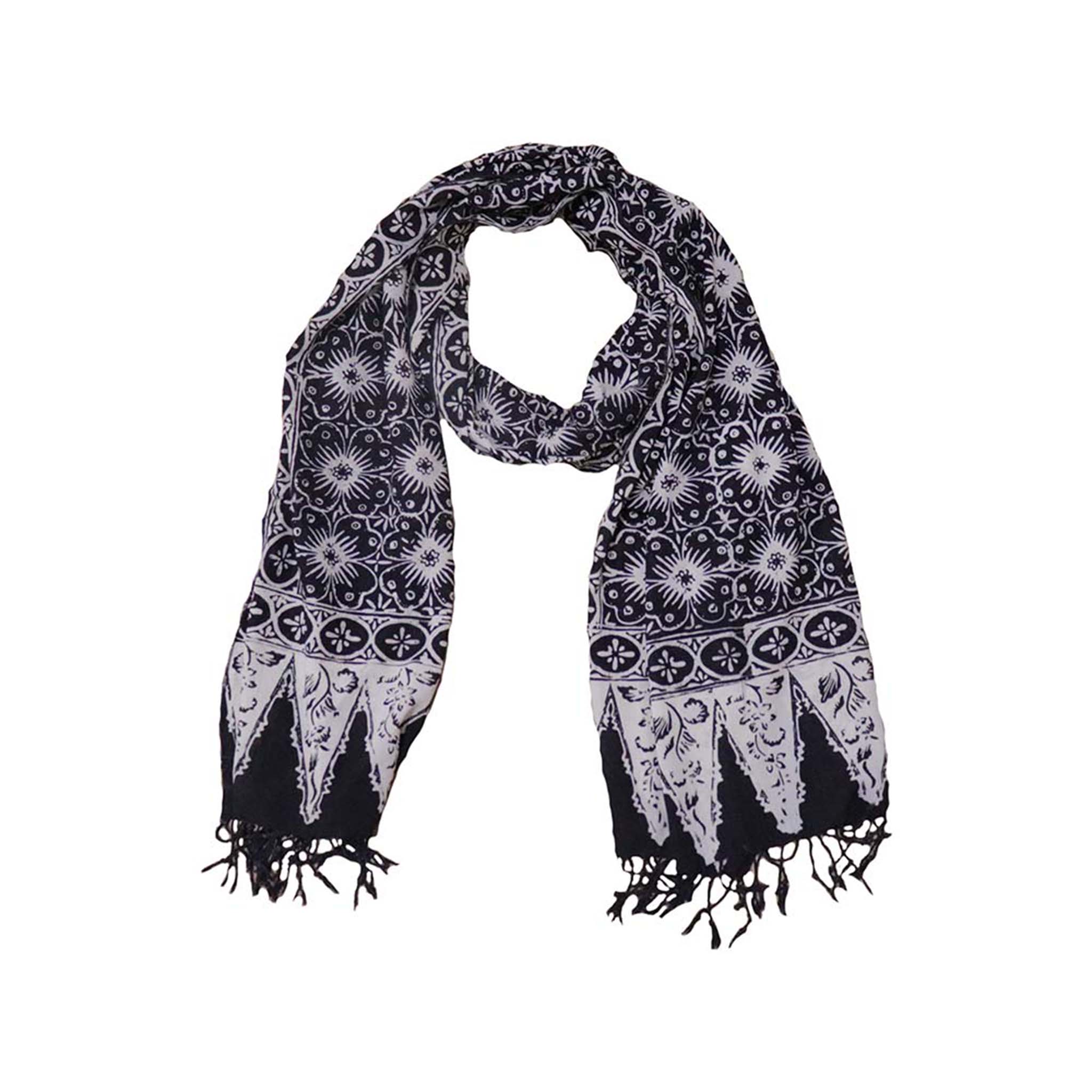 Handmade Batik Scarf - Cotton - Hibiscus Flower, Black, White