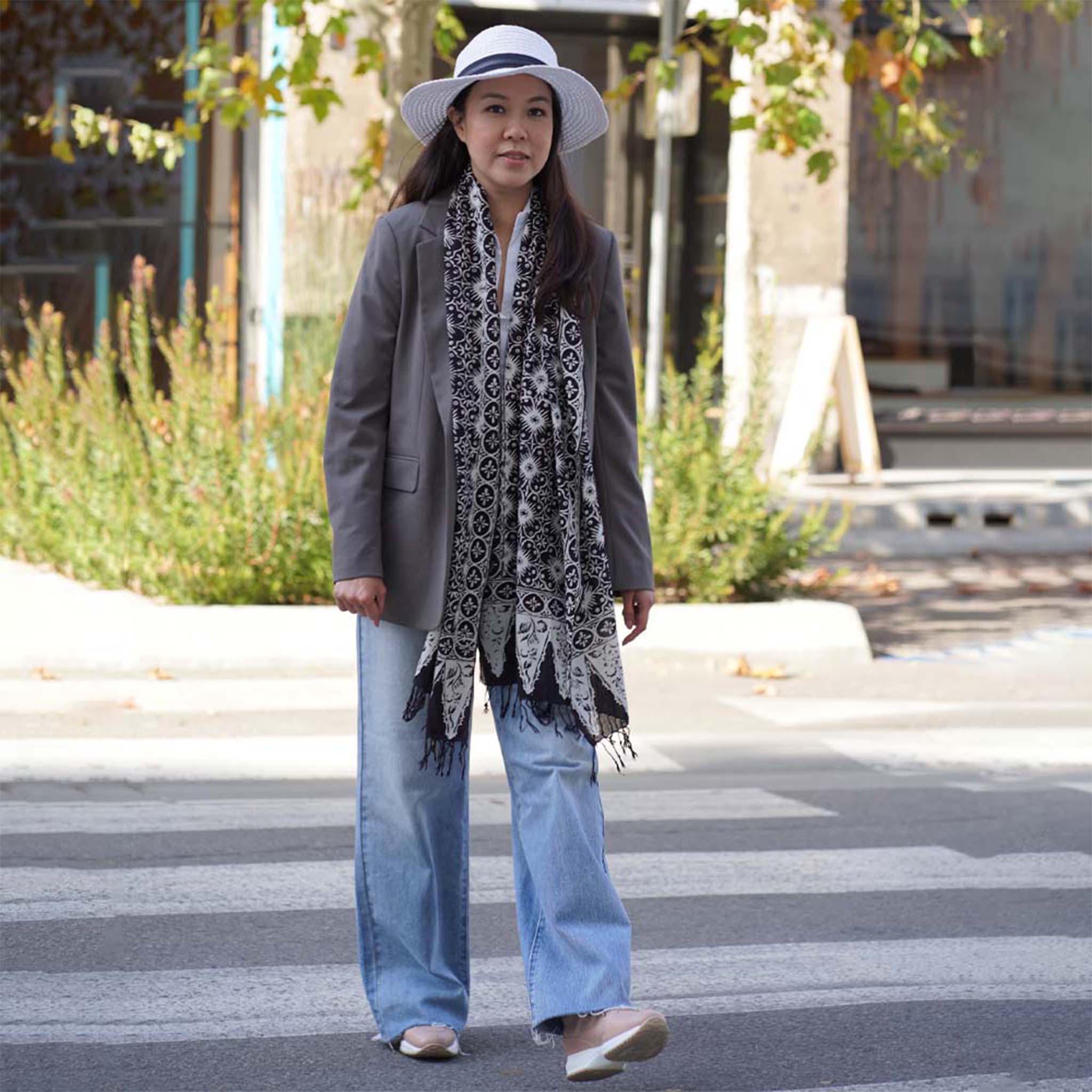 Handmade Batik Scarf - Cotton - Hibiscus Flower, Black, White