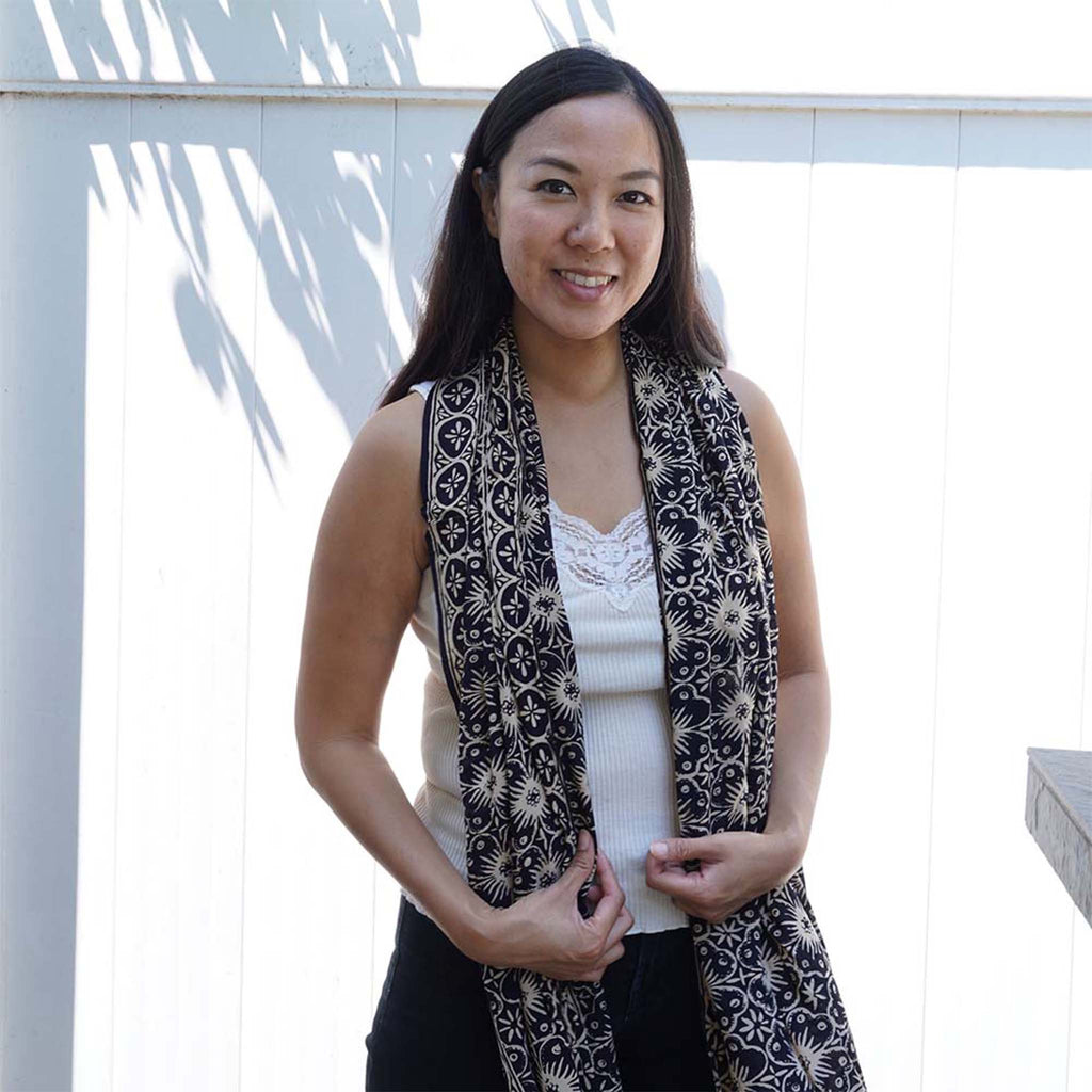 Handmade Batik Scarf - Cotton - Hibiscus Flower, Black, White