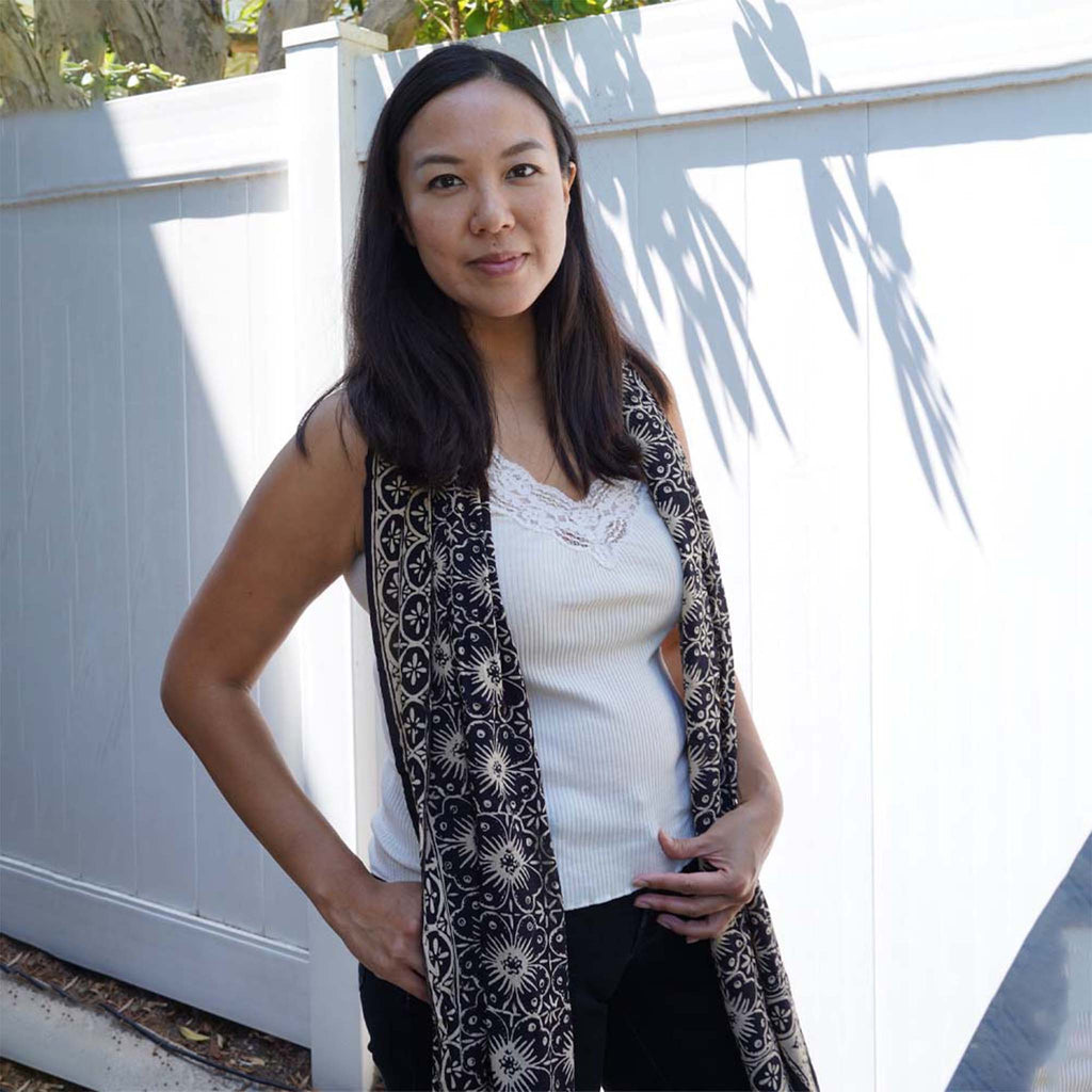 Handmade Batik Scarf - Cotton - Hibiscus Flower, Black, White