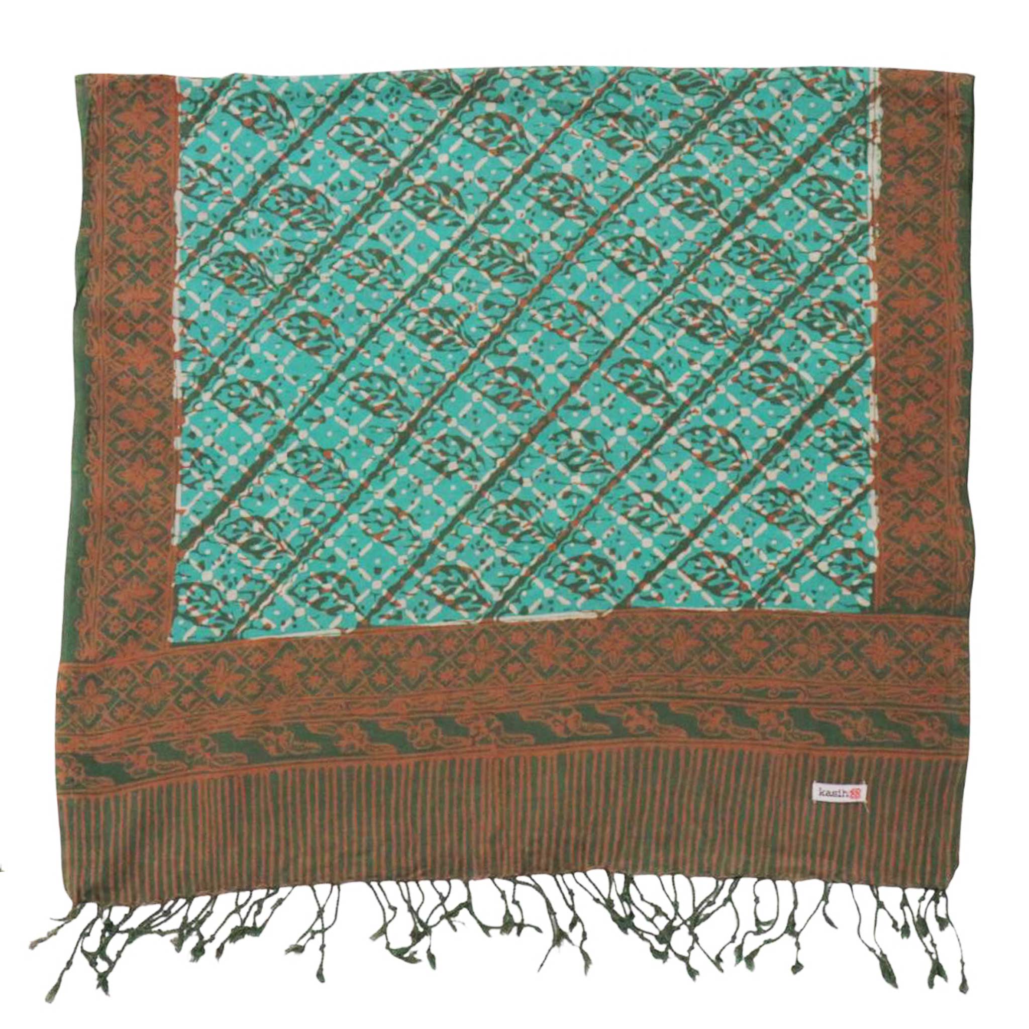 Handmade Batik Scarf, soft Cotton, Leaf Grid, Green, Leaves, Vines, Cream