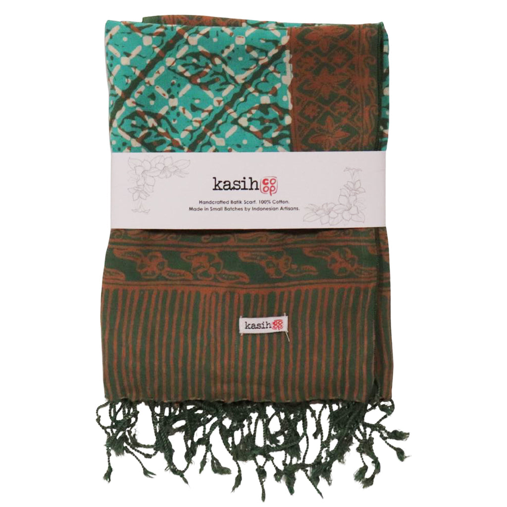 Handmade Batik Scarf, soft Cotton, Leaf Grid, Green, Leaves, Vines, Cream