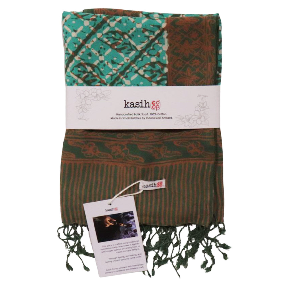 Handmade Batik Scarf, soft Cotton, Leaf Grid, Green, Leaves, Vines, Cream