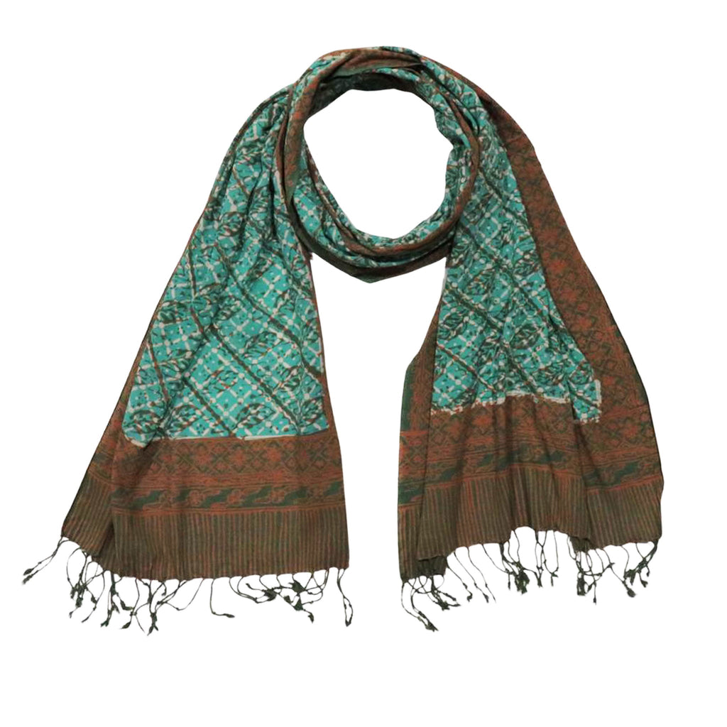 Handmade Batik Scarf, soft Cotton, Leaf Grid, Green, Leaves, Vines, Cream