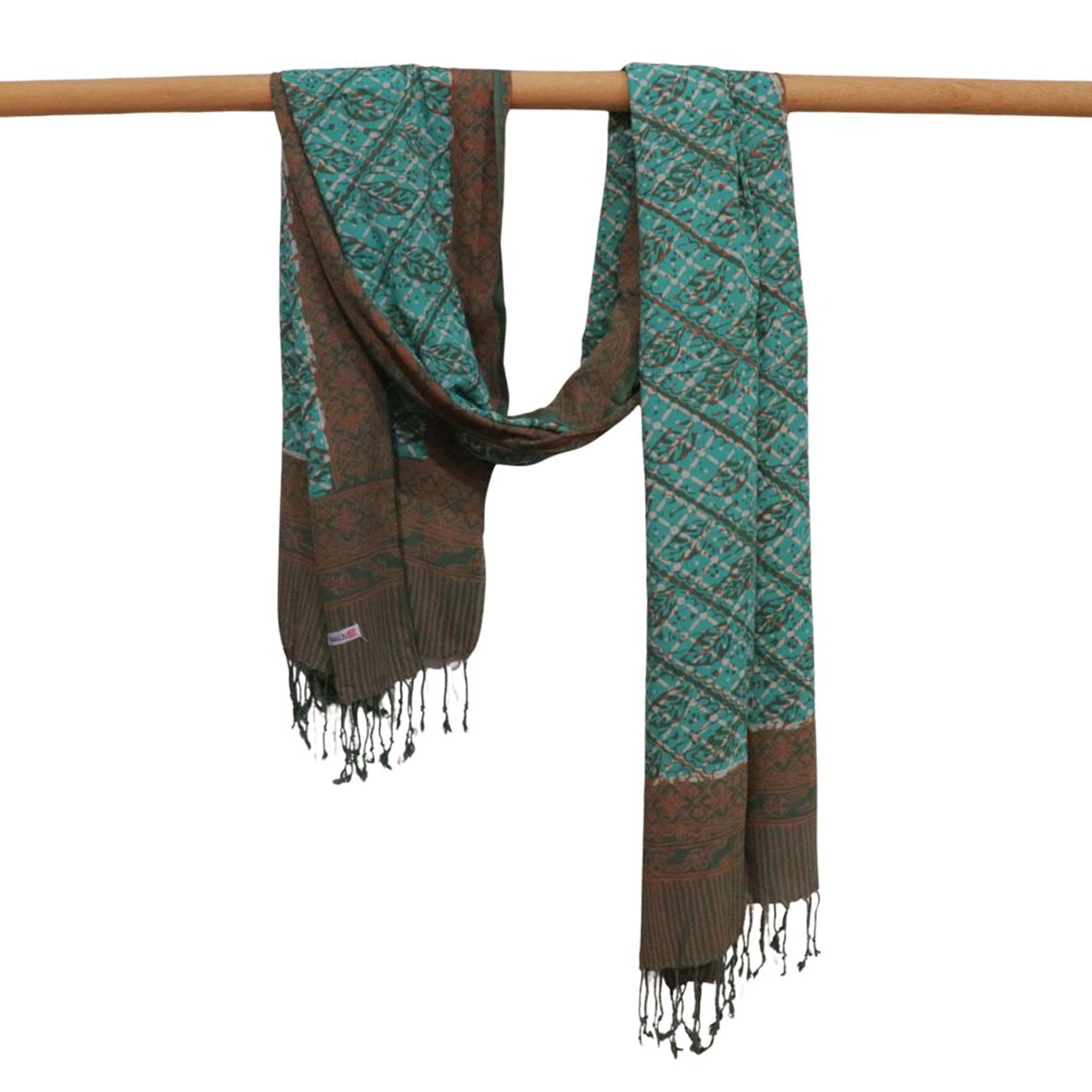 Handmade Batik Scarf, soft Cotton, Leaf Grid, Green, Leaves, Vines, Cream