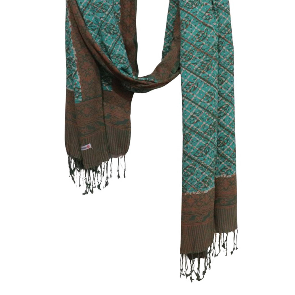 Handmade Batik Scarf, soft Cotton, Leaf Grid, Green, Leaves, Vines, Cream