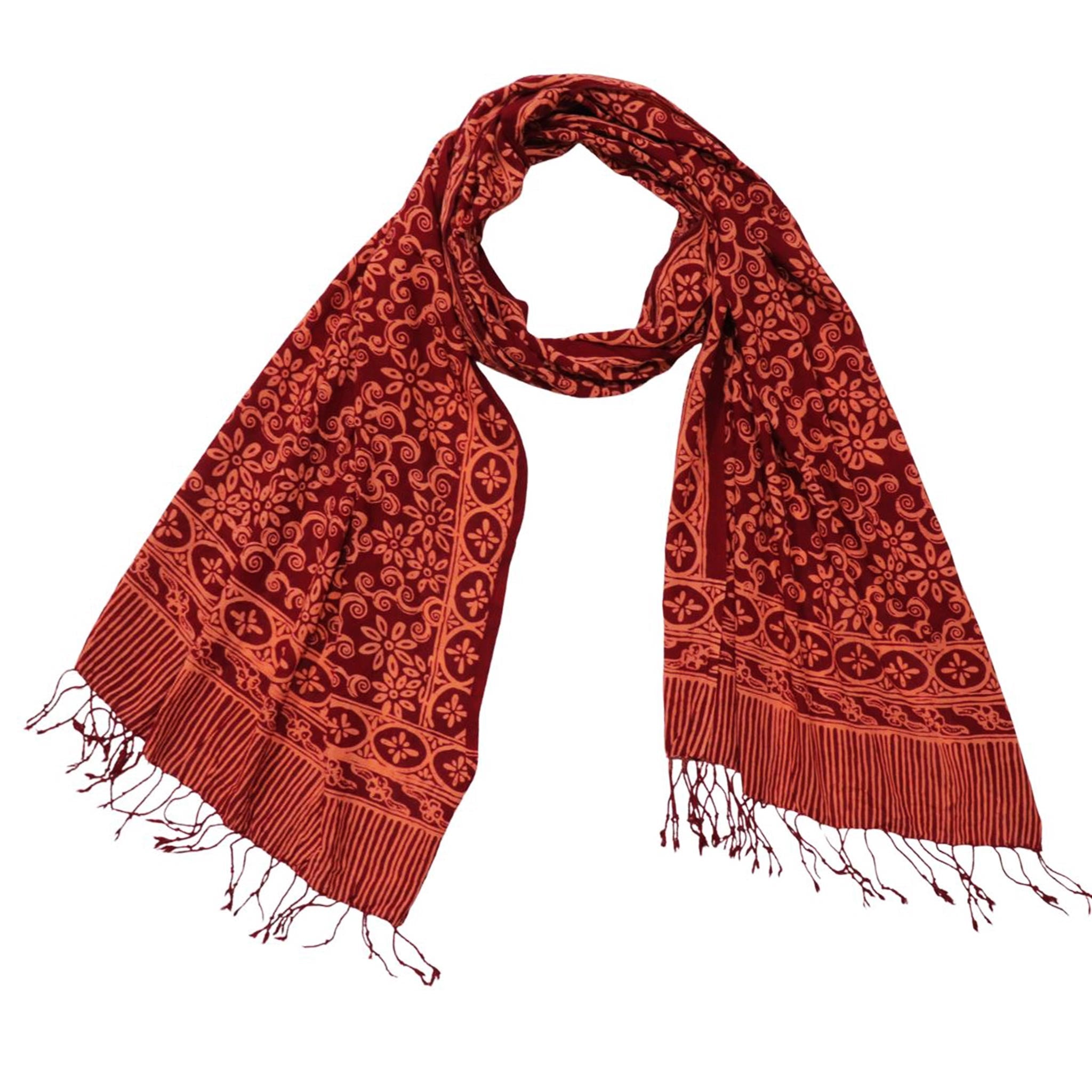 Handmade Batik Scarf, Soft Cotton, Loop, Red, Burgundy