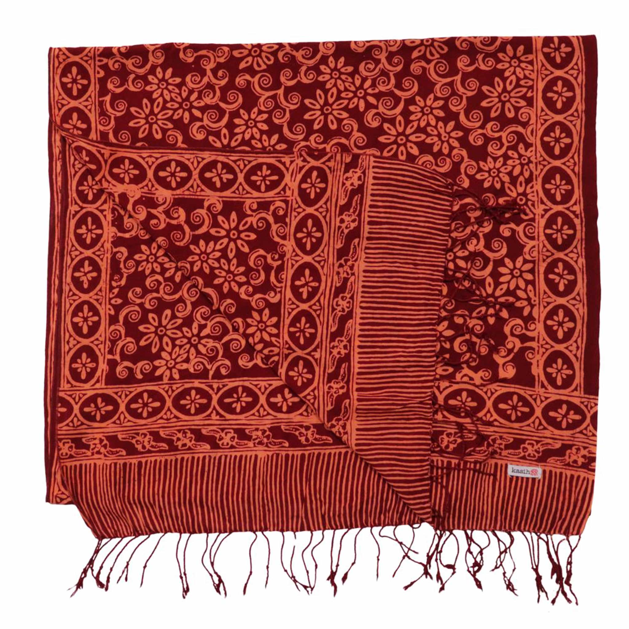 Handmade Batik Scarf, Soft Cotton, Loop, Red, Burgundy