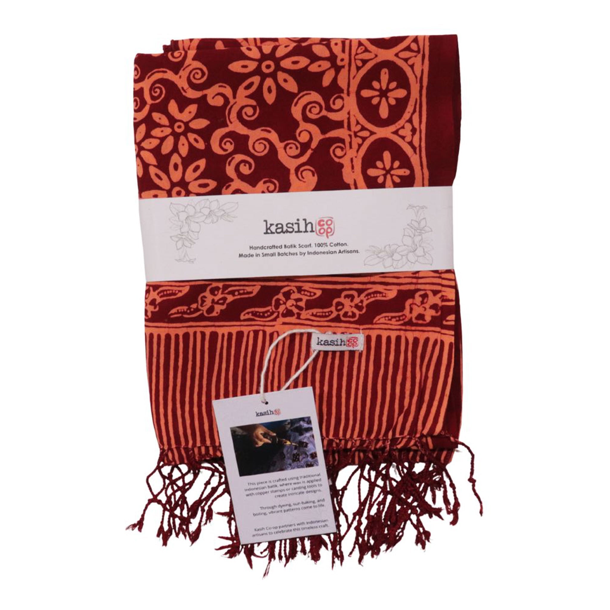 Handmade Batik Scarf, Soft Cotton, Loop, Red, Burgundy