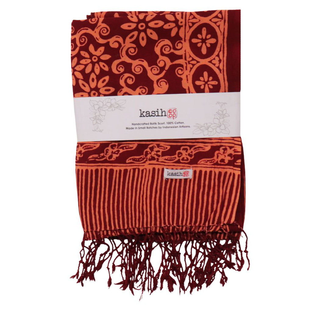Handmade Batik Scarf, Soft Cotton, Loop, Red, Burgundy
