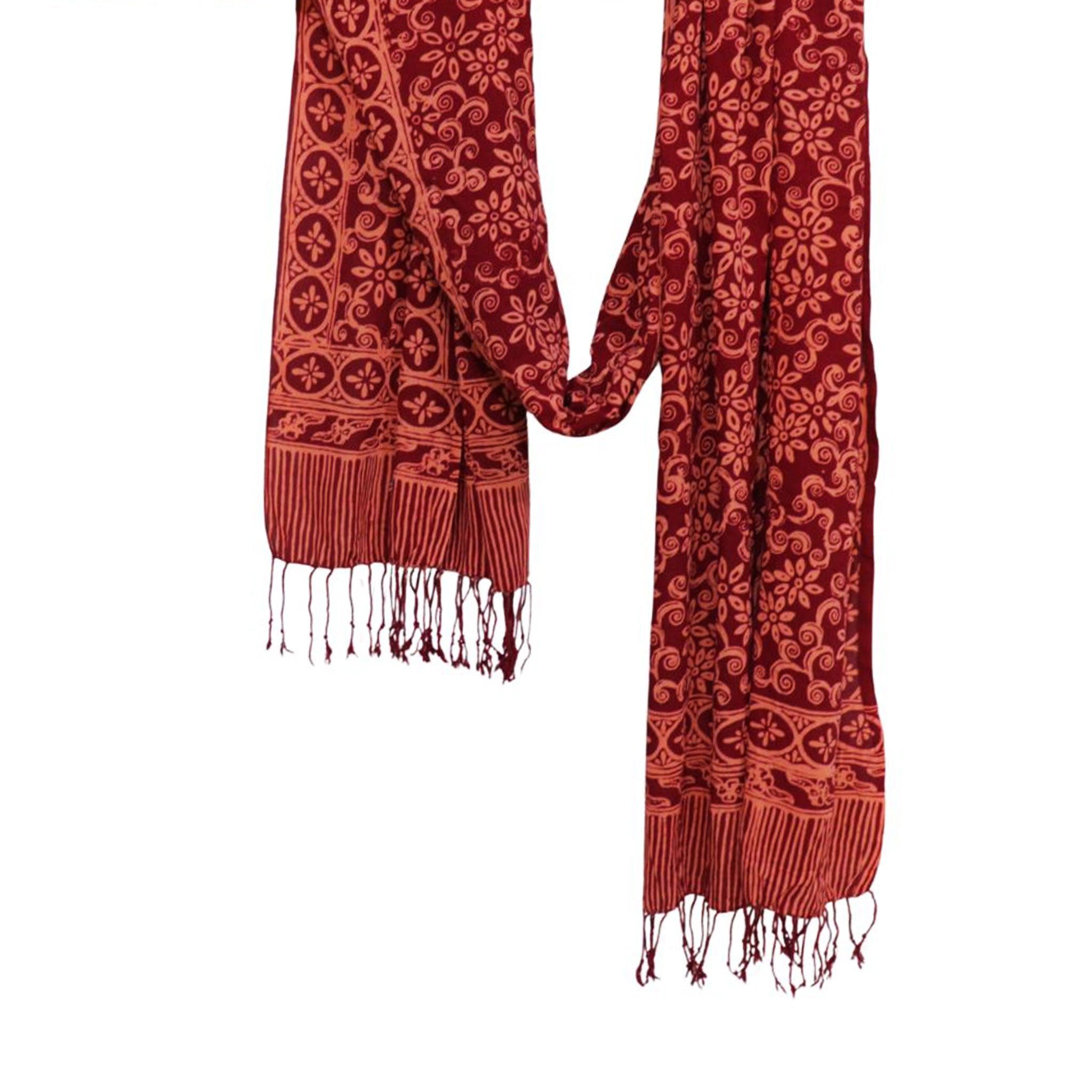 Handmade Batik Scarf, Soft Cotton, Loop, Red, Burgundy