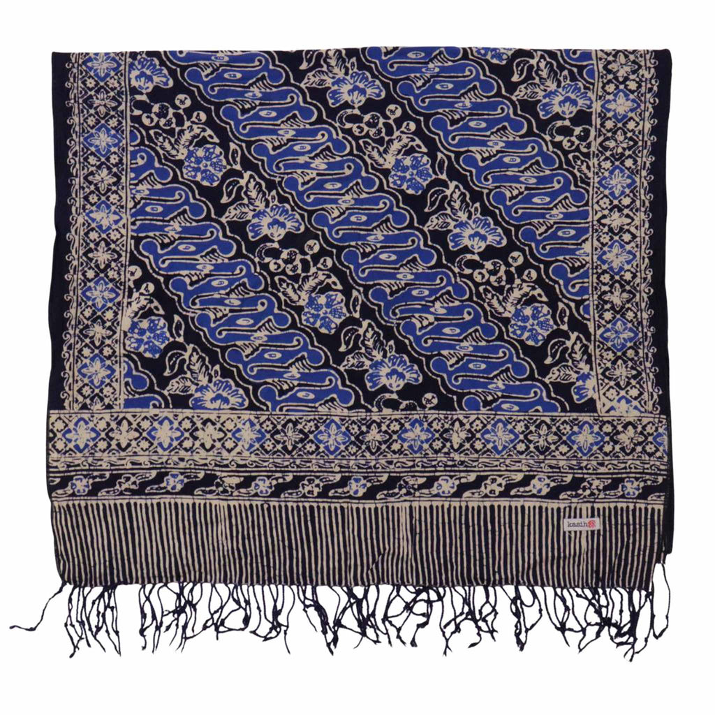 Handmade Batik Scarf, Soft Cotton, Midnight Autumn, Blue Black Navy, White