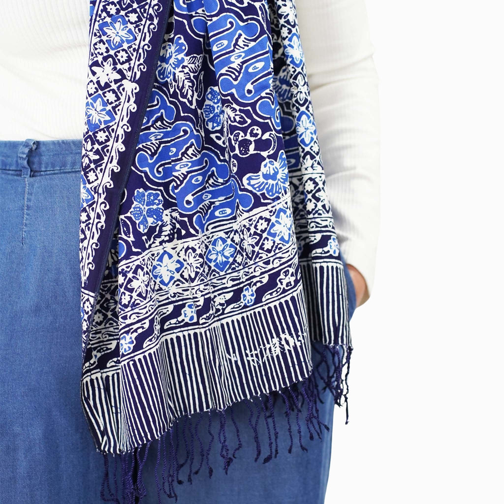 Handmade Batik Scarf, Soft Cotton, Midnight Autumn, Blue Black Navy, White