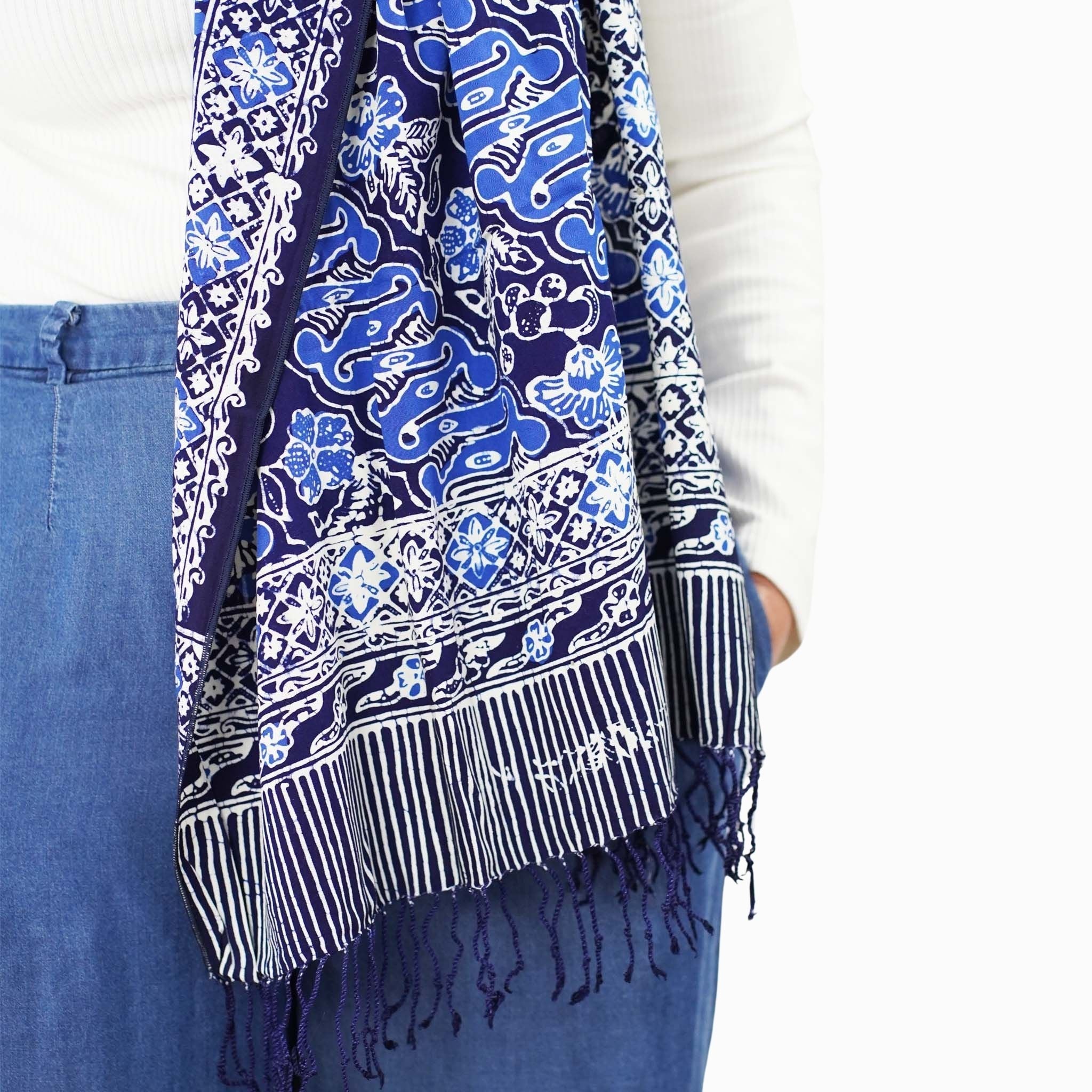 Handmade Batik Scarf, Soft Cotton, Midnight Autumn, Blue Black Navy, White