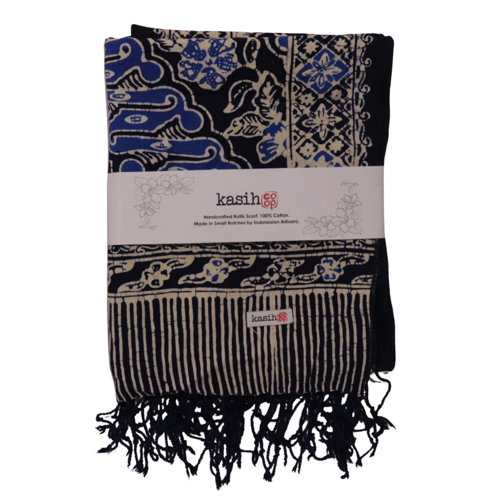 Handmade Batik Scarf, Soft Cotton, Midnight Autumn, Blue Black Navy, White
