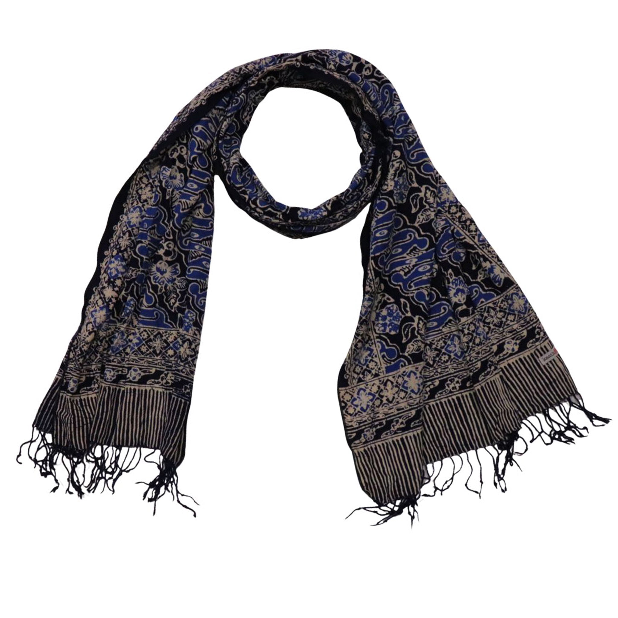 Handmade Batik Scarf, Soft Cotton, Midnight Autumn, Blue Black Navy, White