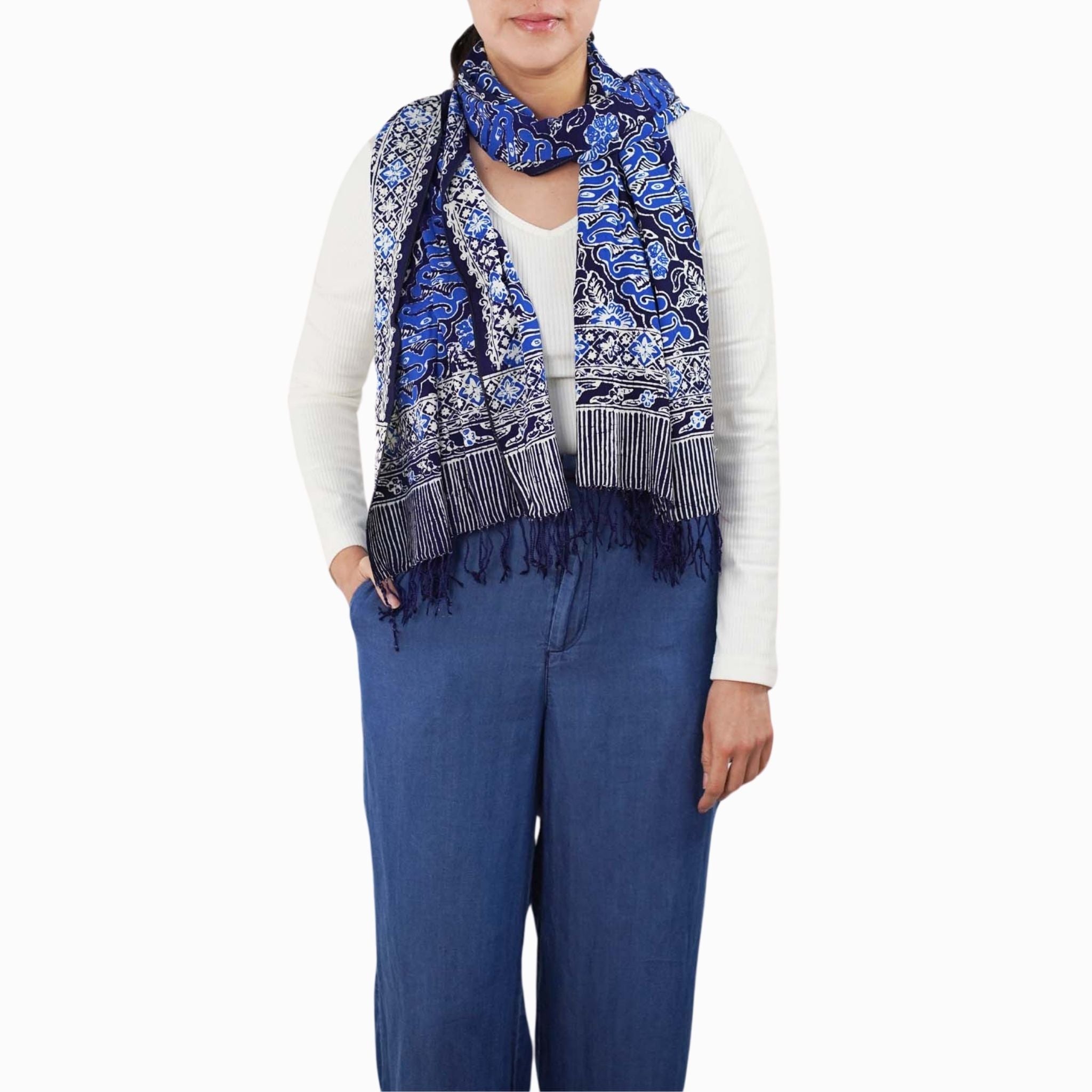 Handmade Batik Scarf, Soft Cotton, Midnight Autumn, Blue Black Navy, White