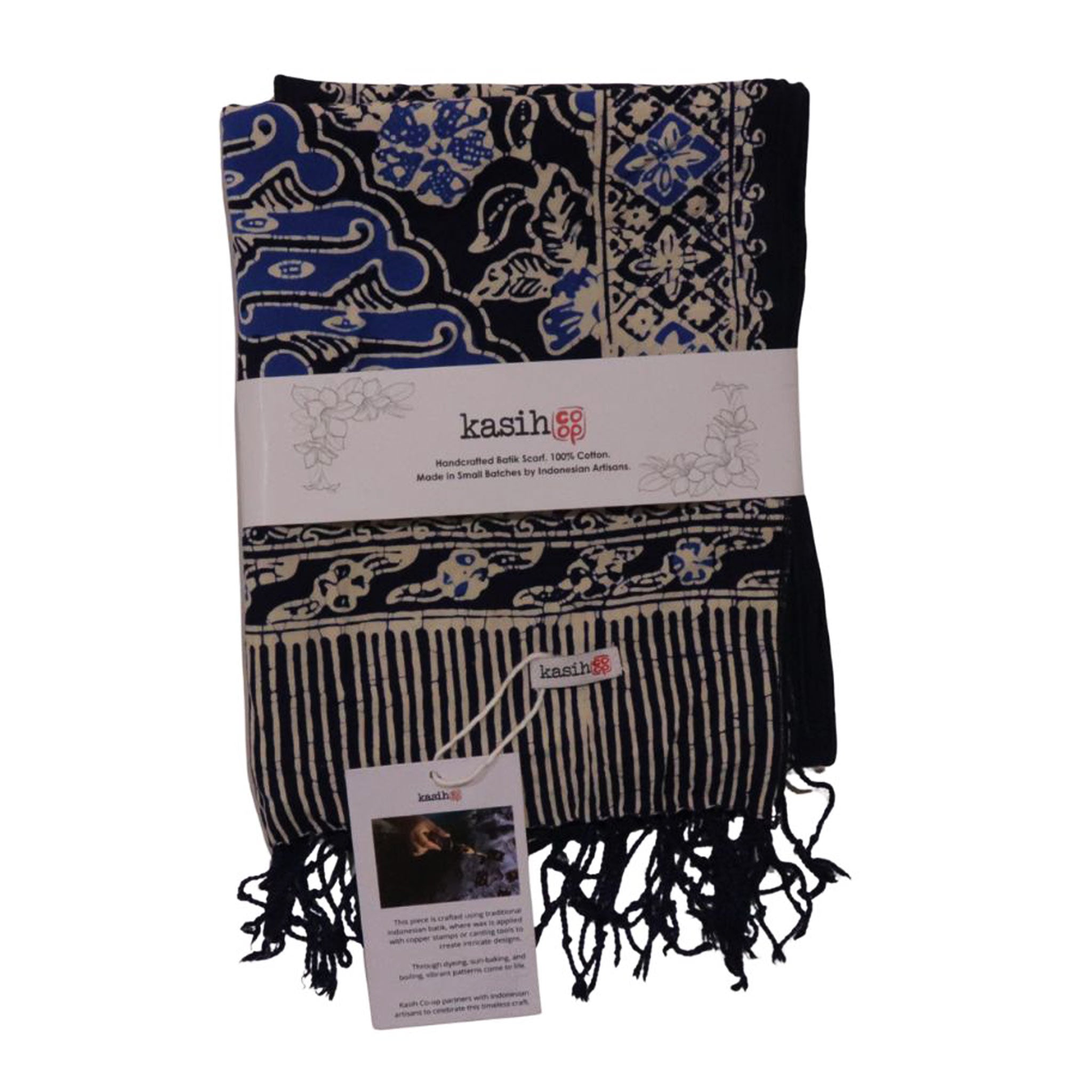 Handmade Batik Scarf, Soft Cotton, Midnight Autumn, Blue Black Navy, White