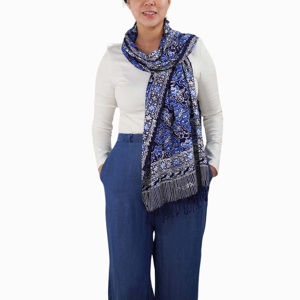 Handmade Batik Scarf, Soft Cotton, Midnight Autumn, Blue Black Navy, White