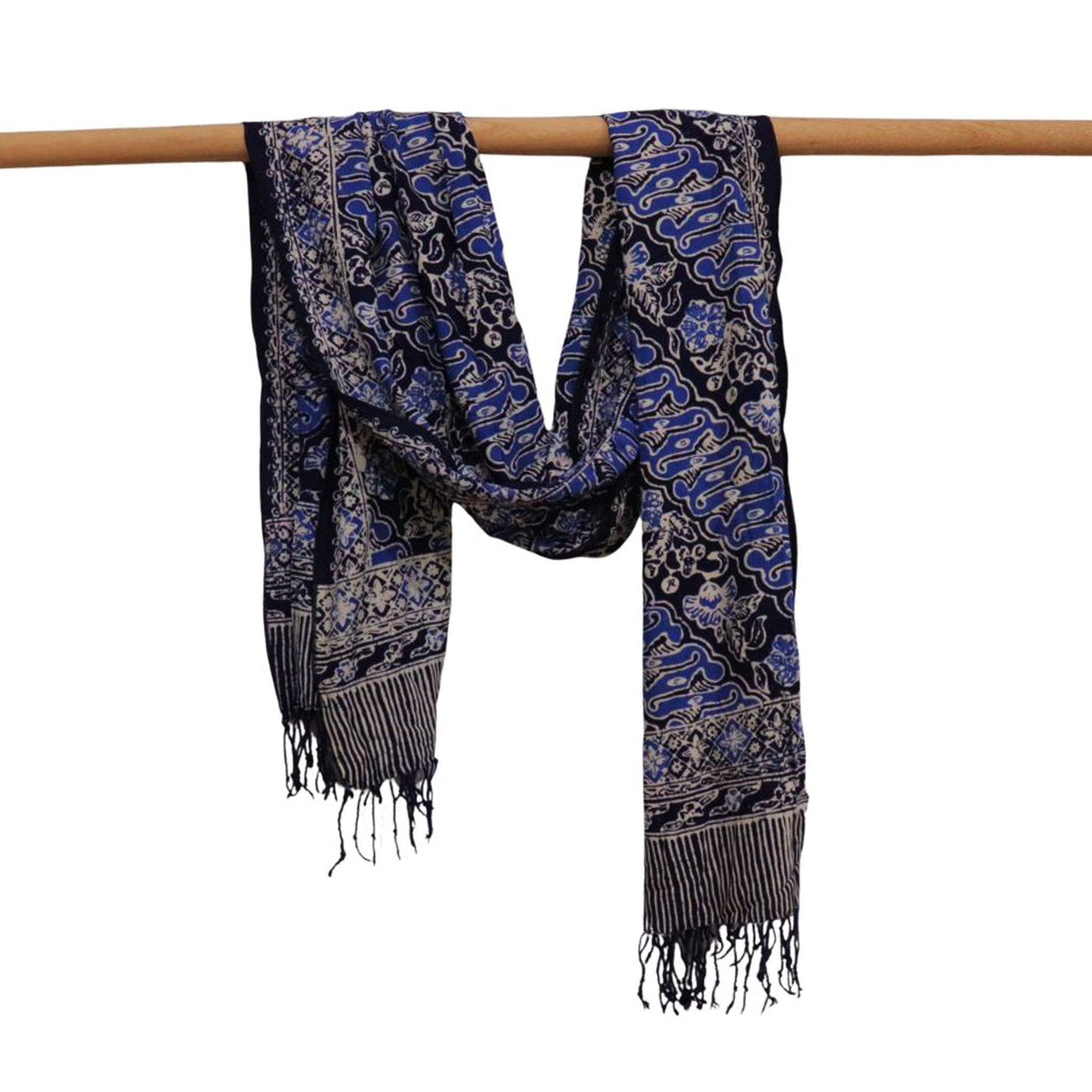 Handmade Batik Scarf, Soft Cotton, Midnight Autumn, Blue Black Navy, White