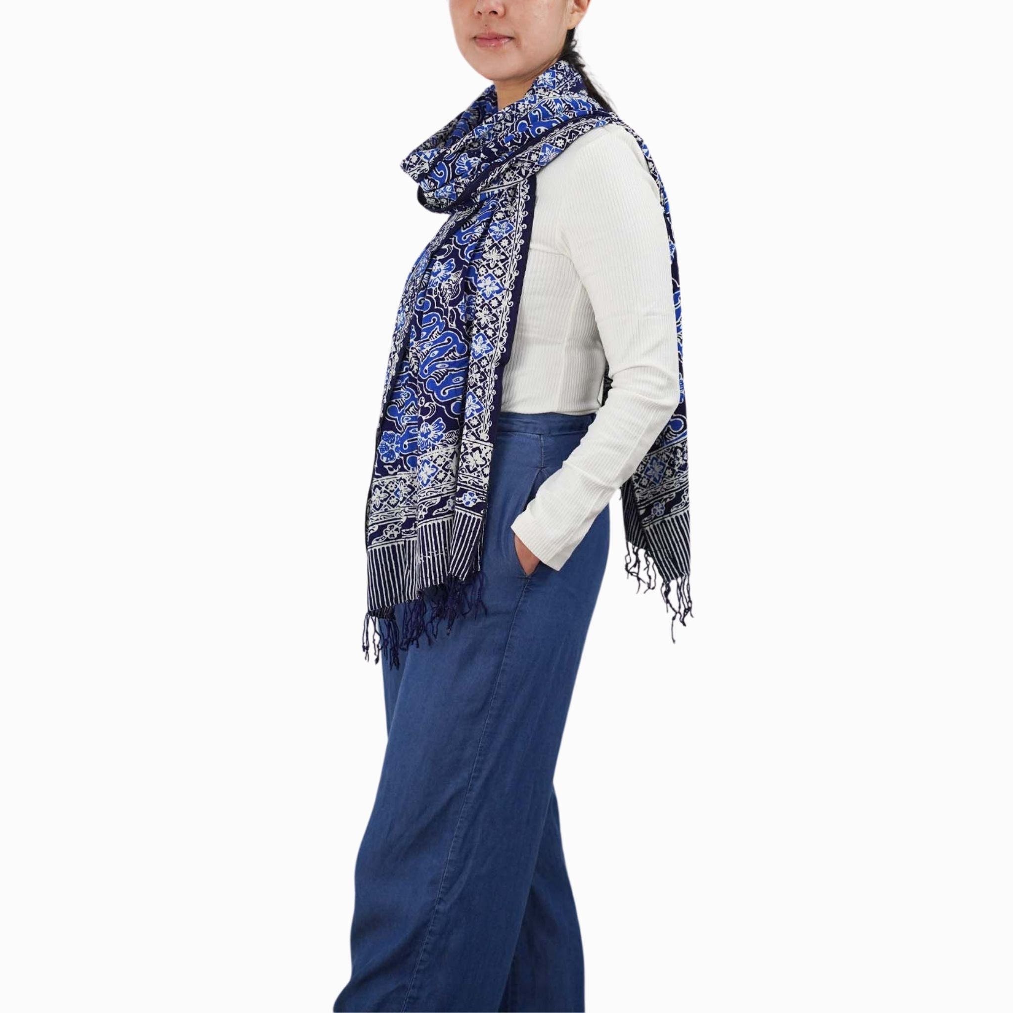 Handmade Batik Scarf, Soft Cotton, Midnight Autumn, Blue Black Navy, White