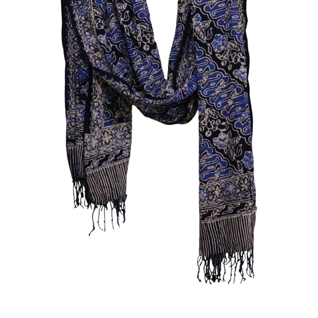 Handmade Batik Scarf, Soft Cotton, Midnight Autumn, Blue Black Navy, White
