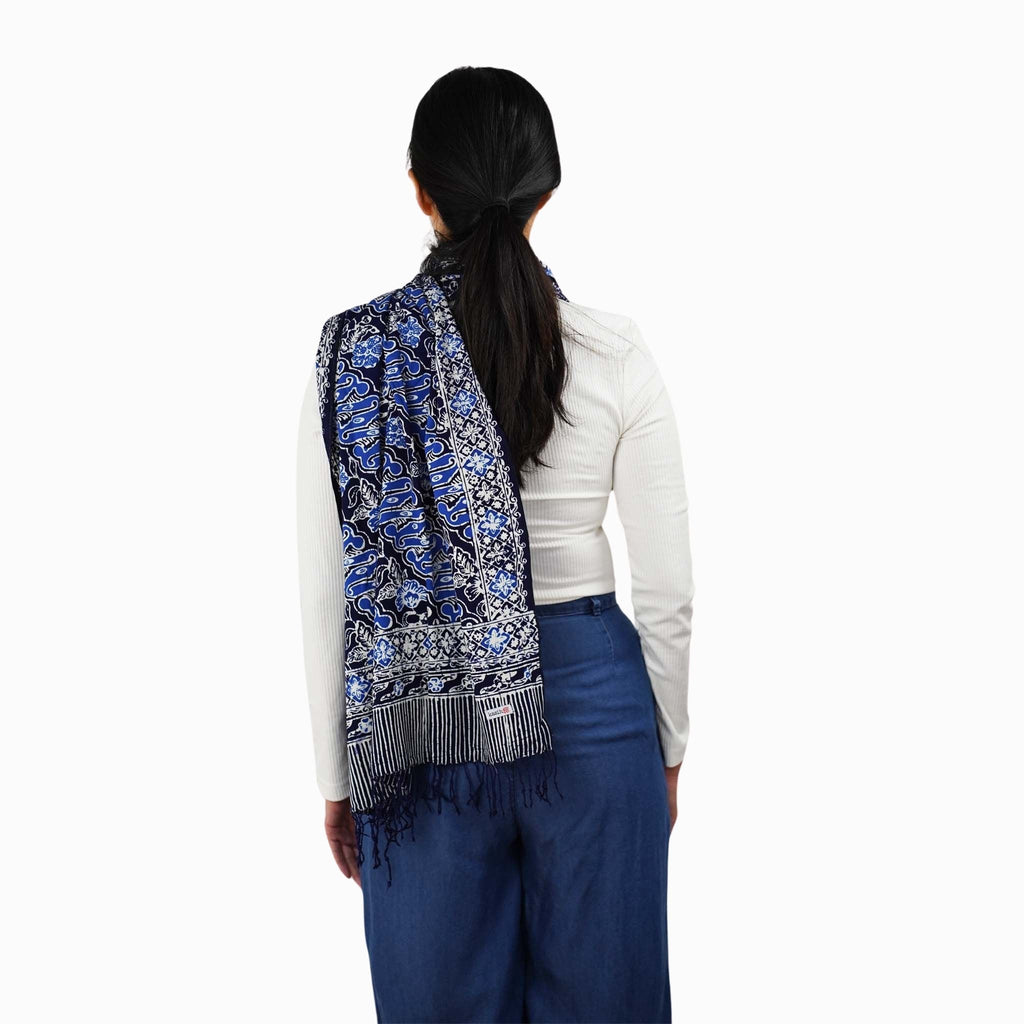 Handmade Batik Scarf, Soft Cotton, Midnight Autumn, Blue Black Navy, White