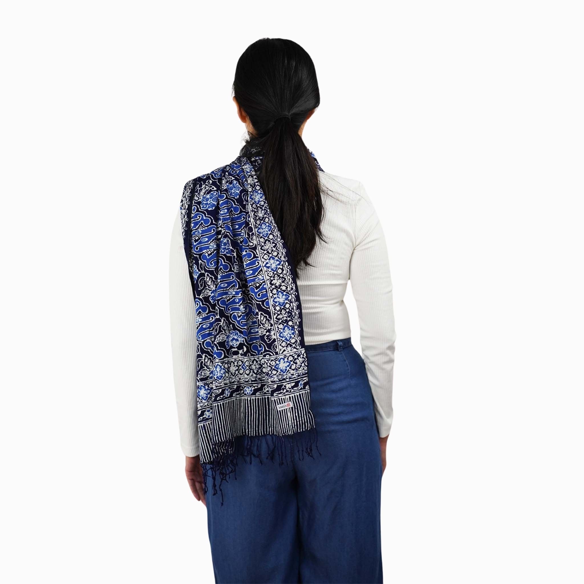 Handmade Batik Scarf, Soft Cotton, Midnight Autumn, Blue Black Navy, White