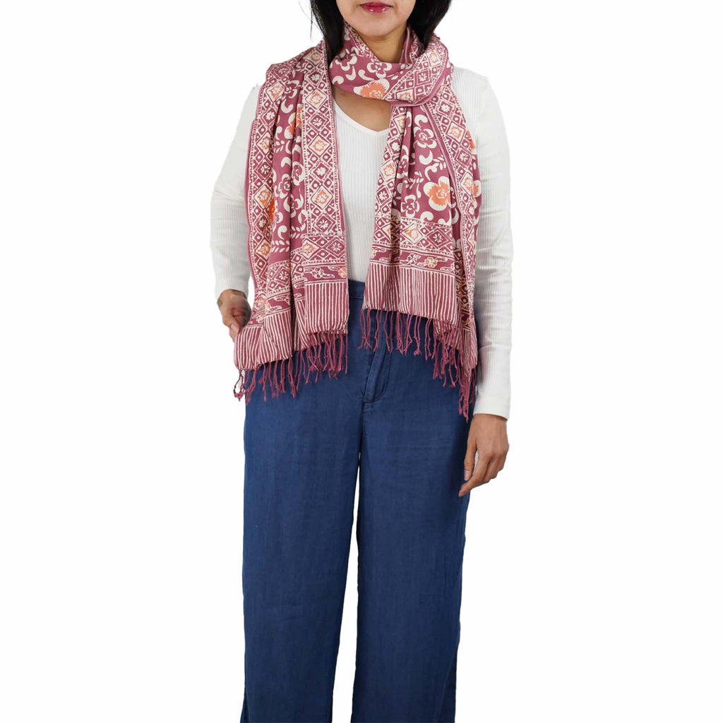 Handmade Batik Scarf, Cotton, Plumeria, Pink, Purple, Peach