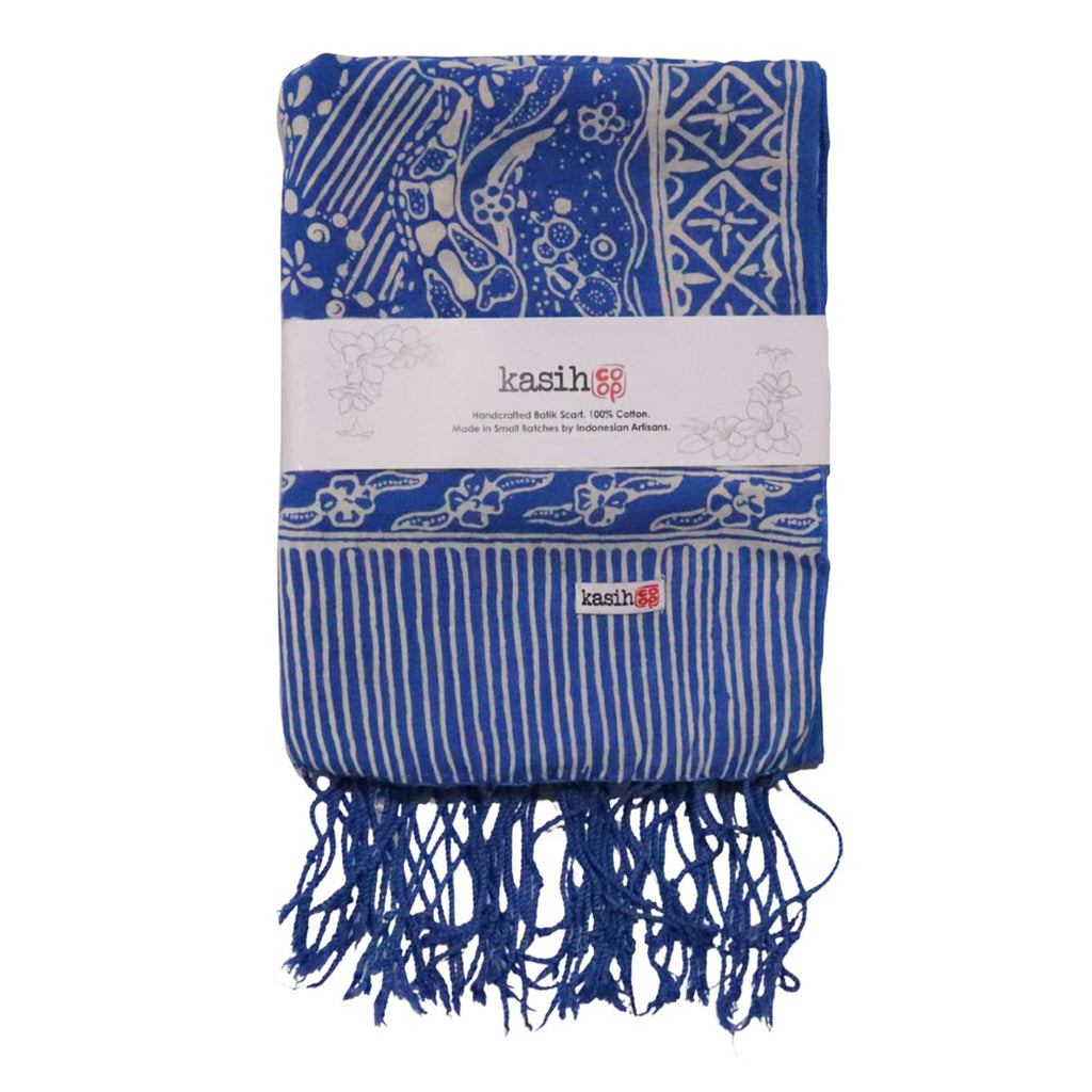 Handmade Batik Scarf, 100% Soft Cotton, Blue White, Tidal Flow