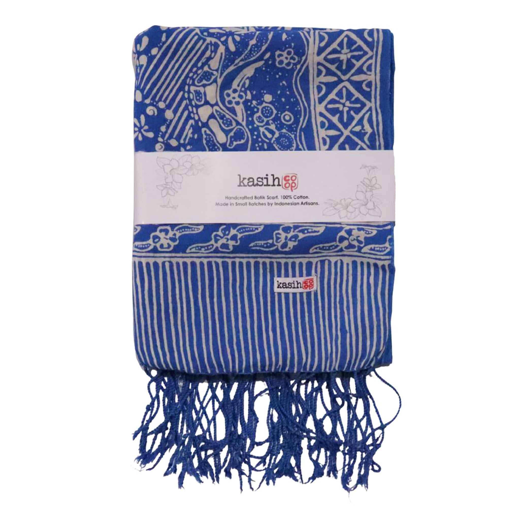 Handmade Batik Scarf, 100% Soft Cotton, Blue White, Tidal Flow