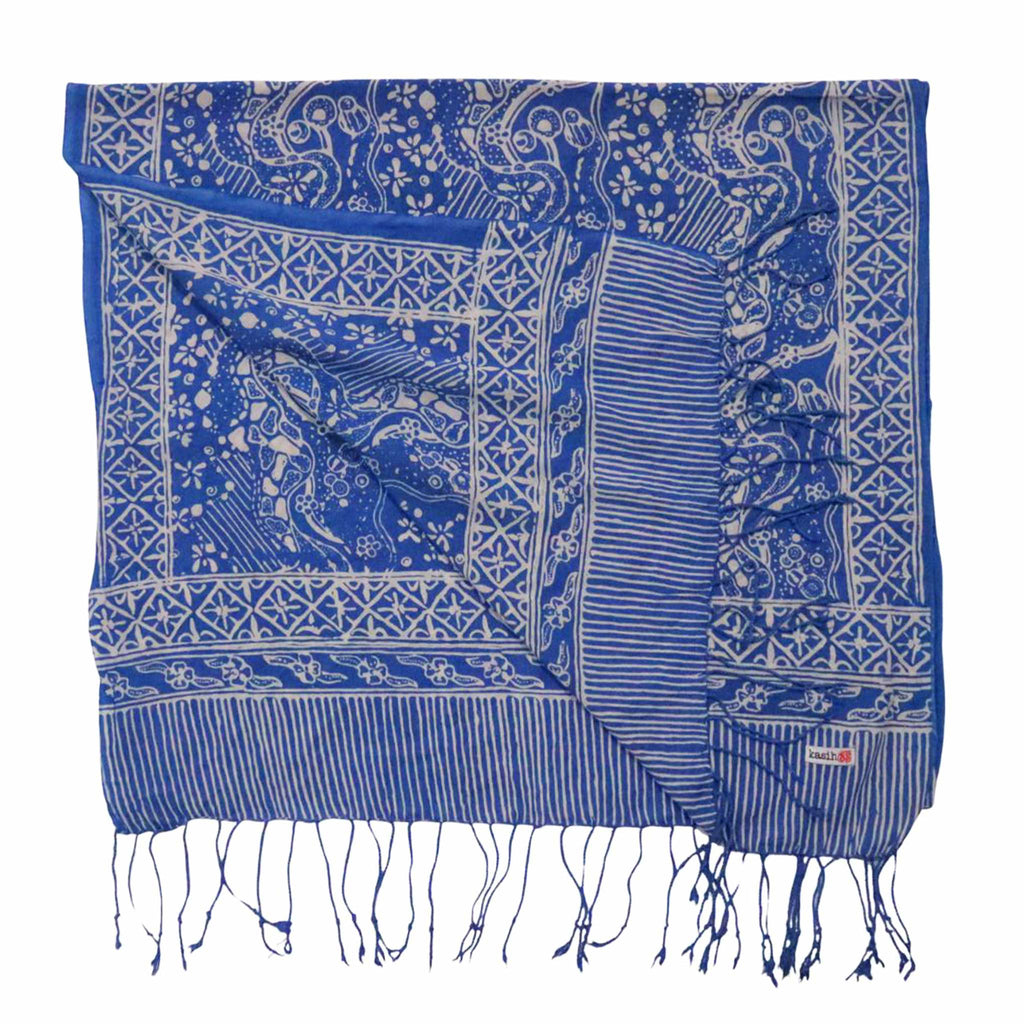 Handmade Batik Scarf, 100% Soft Cotton, Blue White, Tidal Flow