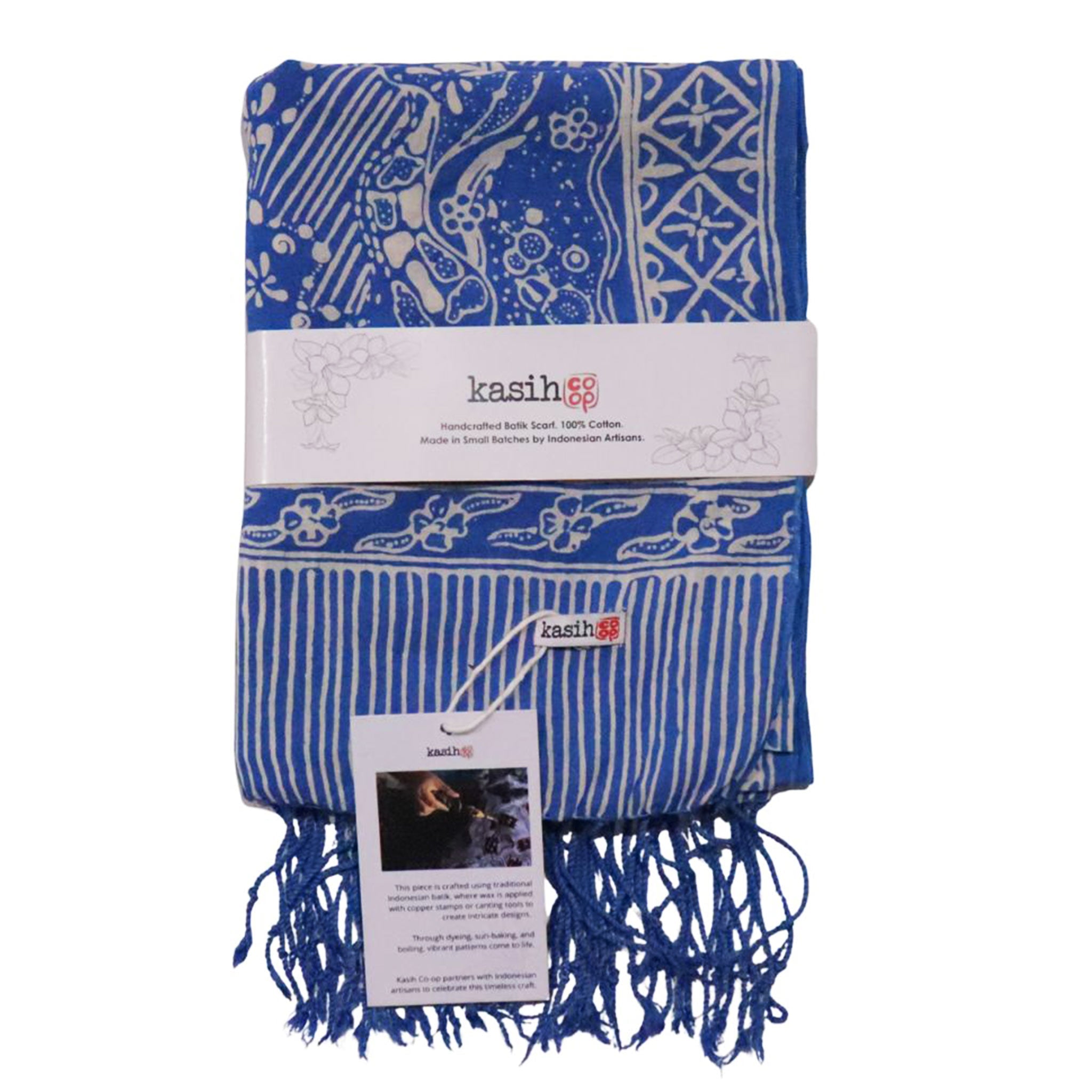 Handmade Batik Scarf, 100% Soft Cotton, Blue White, Tidal Flow