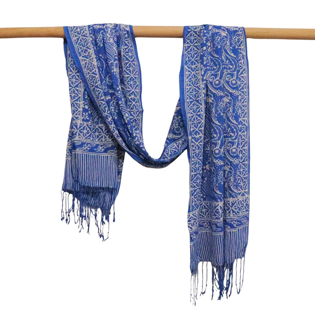 Handmade Batik Scarf, 100% Soft Cotton, Blue White, Tidal Flow