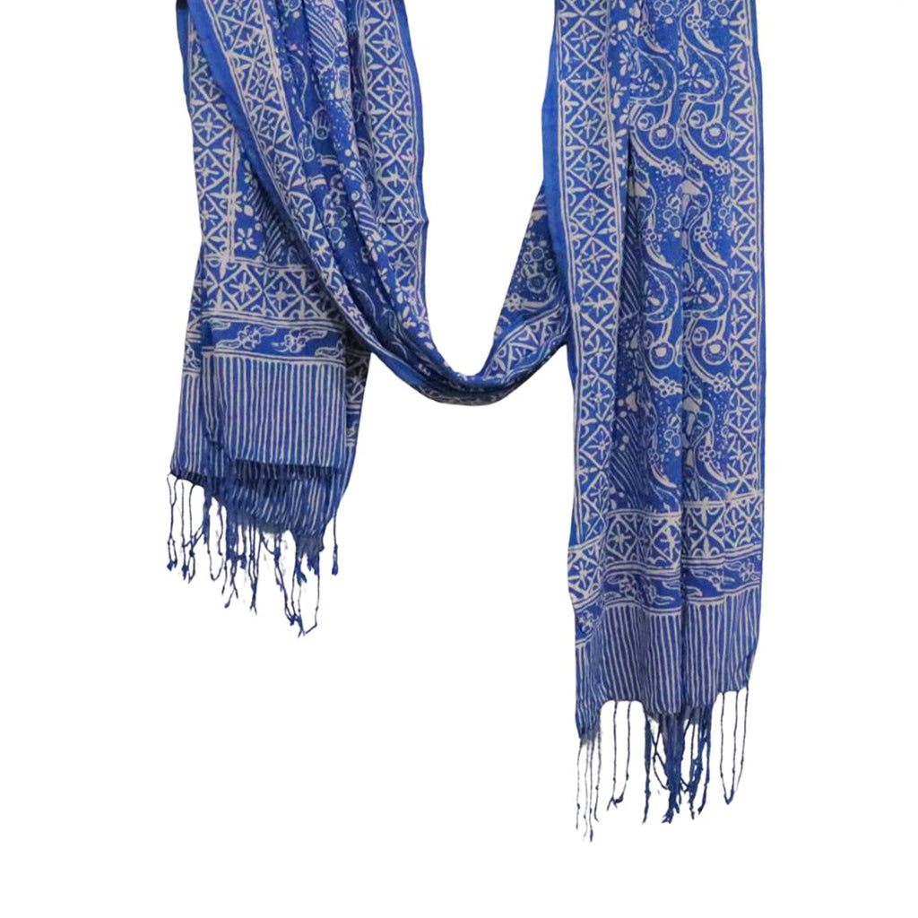 Handmade Batik Scarf, 100% Soft Cotton, Blue White, Tidal Flow