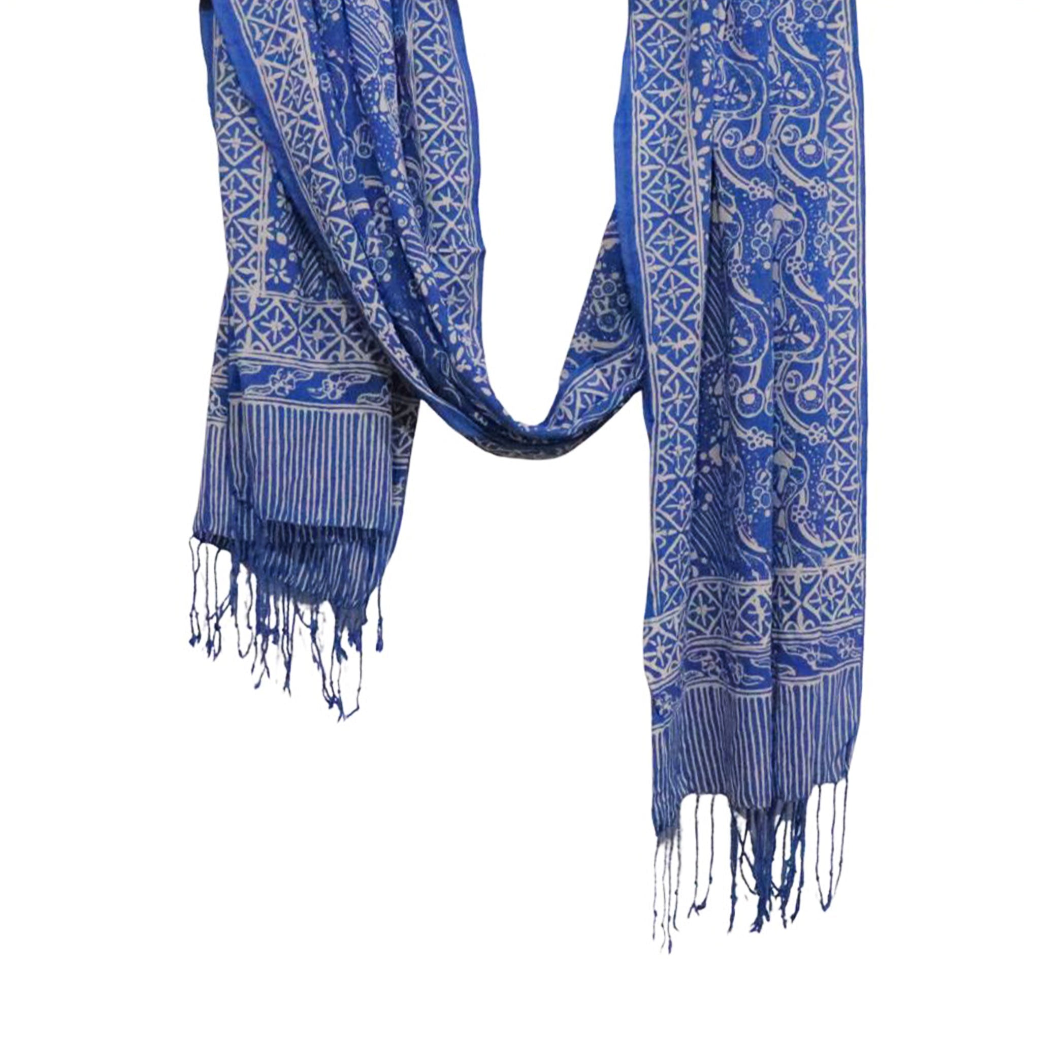 Handmade Batik Scarf, 100% Soft Cotton, Blue White, Tidal Flow