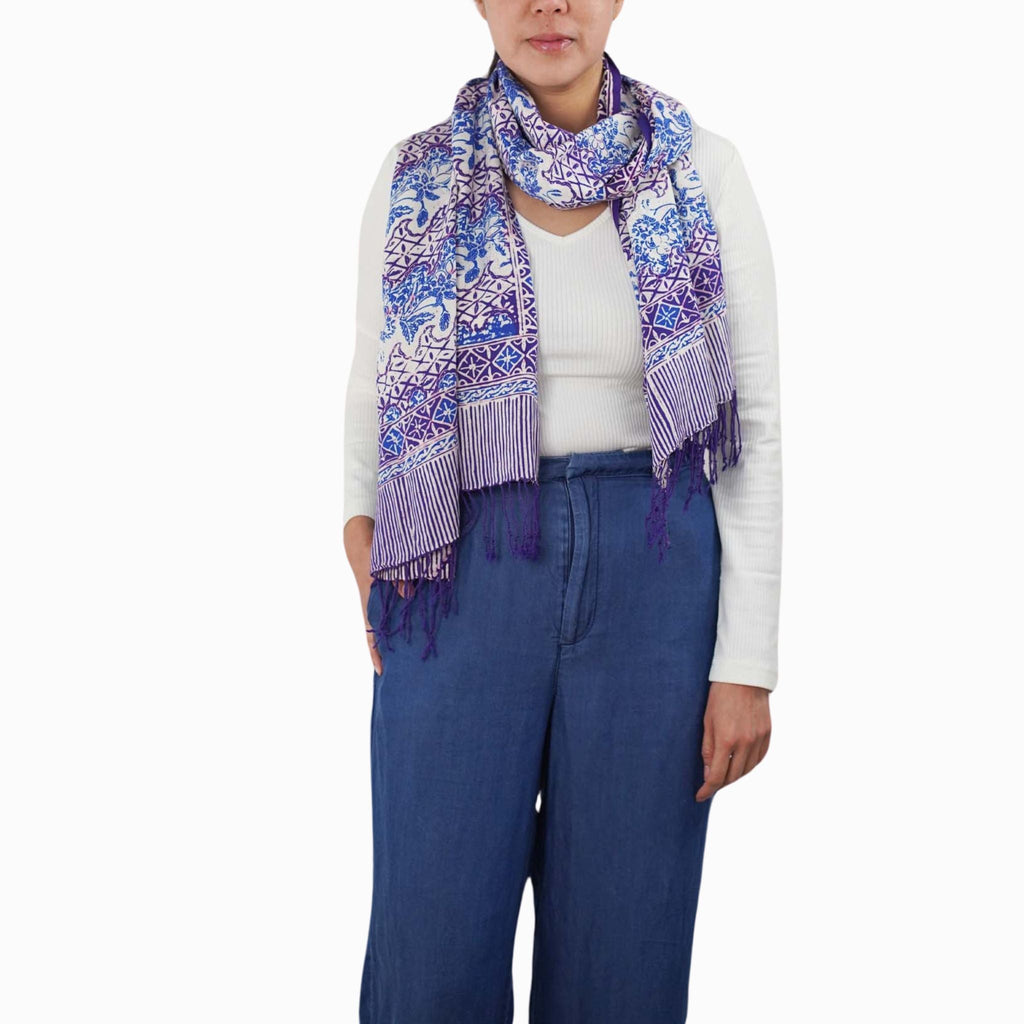 Handmade Batik Scarf - soft Cotton - Vines in Navy Blue