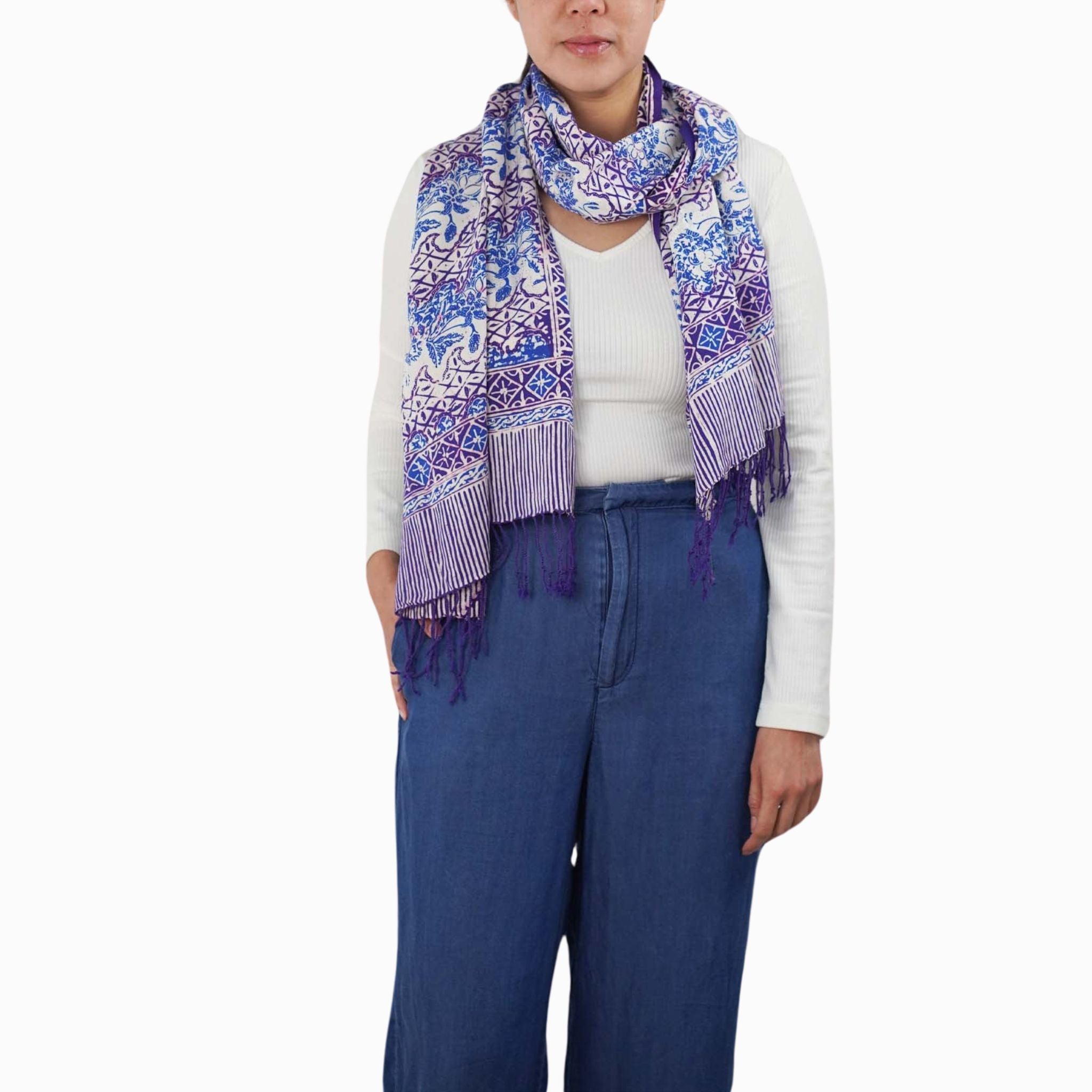 Handmade Batik Scarf - soft Cotton - Vines in Navy Blue