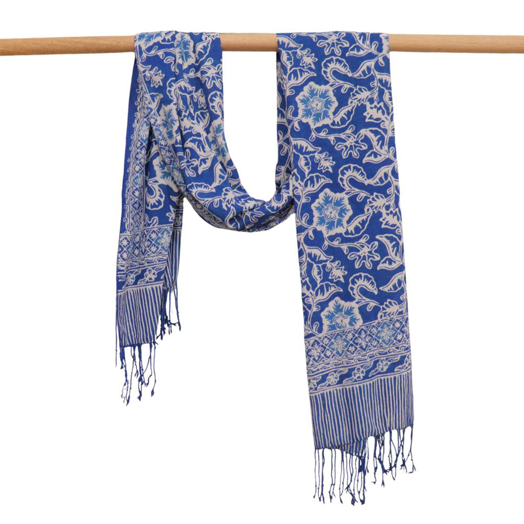 Handmade Batik Scarf, 100% Soft Cotton, Blue Tendril