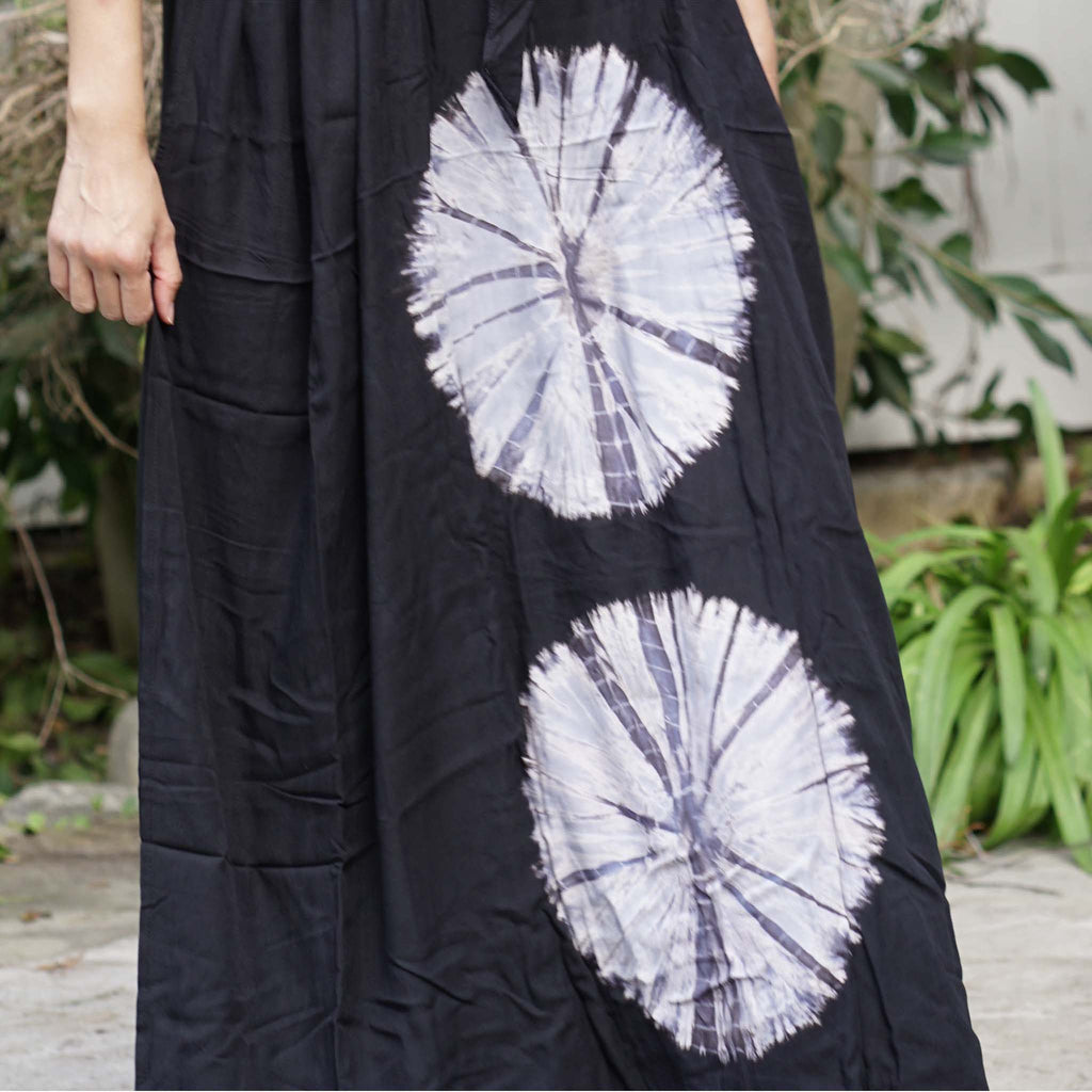 Kaftan Tie Dye Long Dress Shibori Black White Floral Pattern