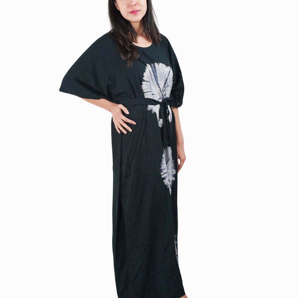 Kaftan Tie Dye Long Dress Shibori Black White Floral Pattern