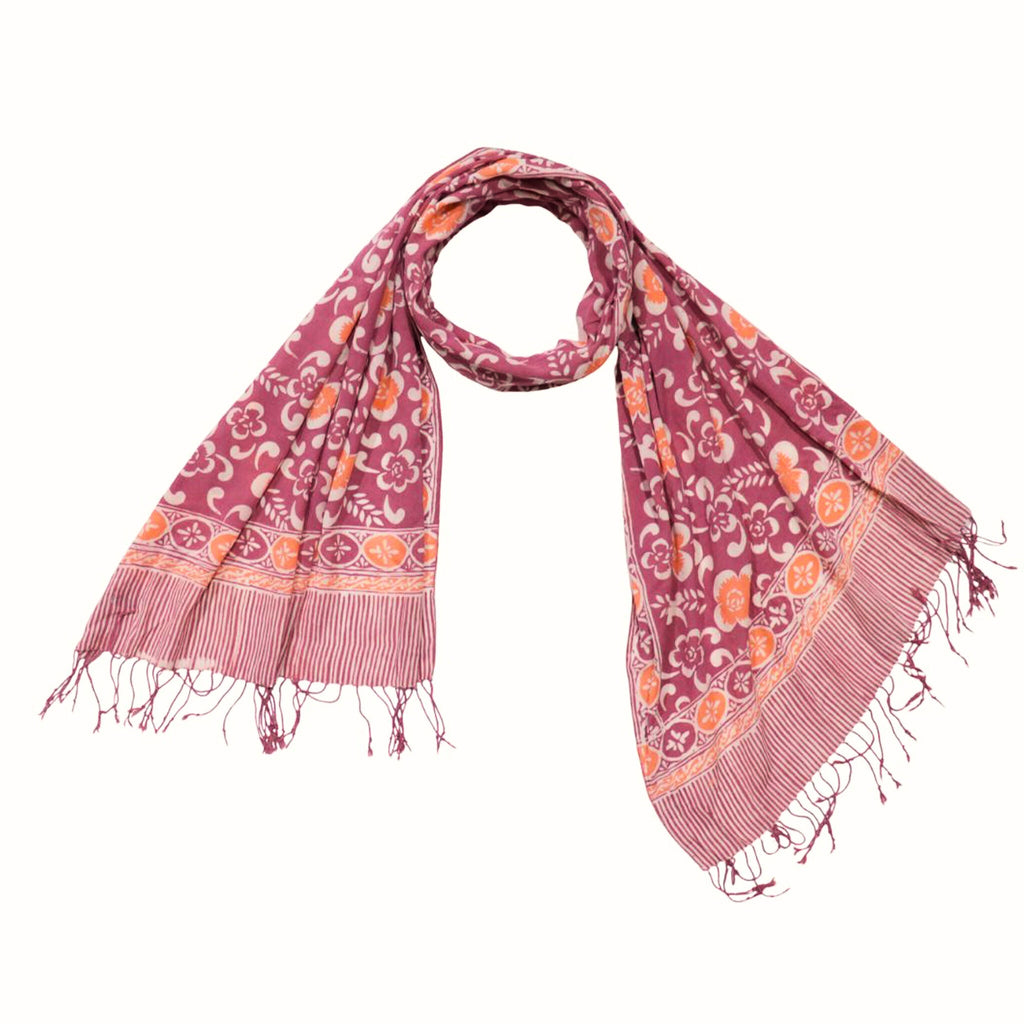 Handmade Batik Scarf, Cotton, Plumeria, Pink, Purple, Peach