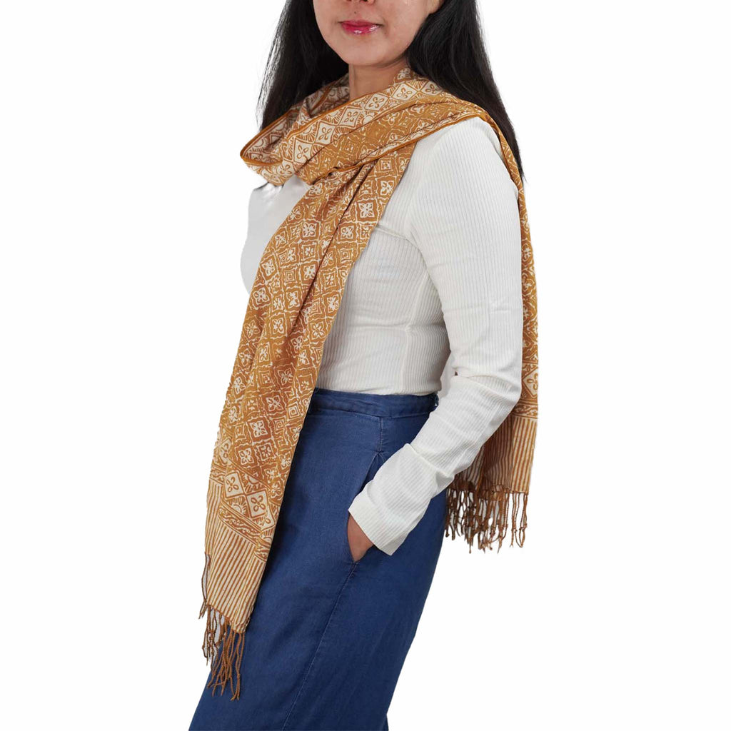 Handmade Batik Scarf, Soft Cotton, Frangipani, Kamboja, Yellow, Brown, Cream, Fall, Autumn