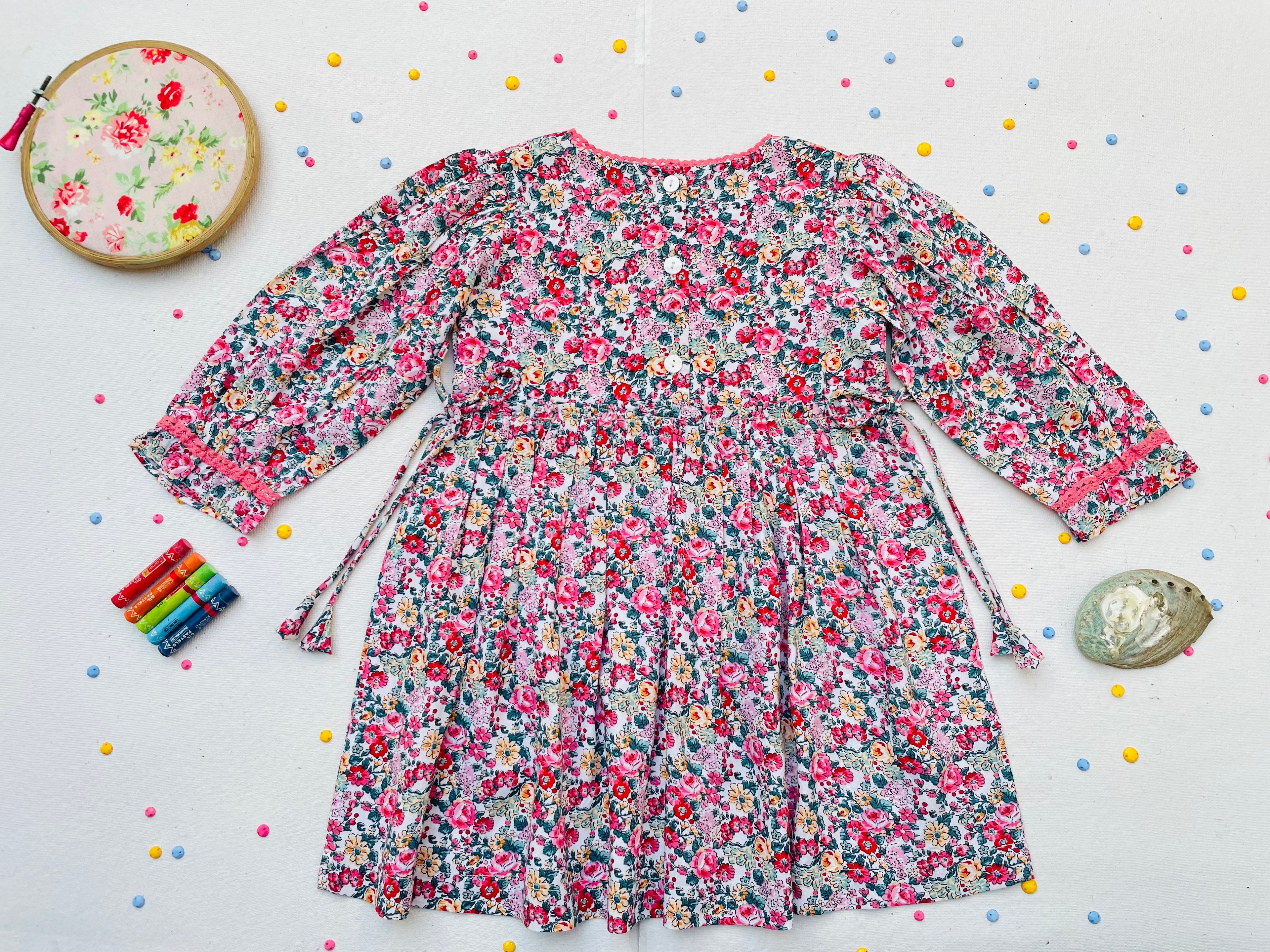 Long Sleeves Pink Bloom Overlap Girl's Cotton Dress