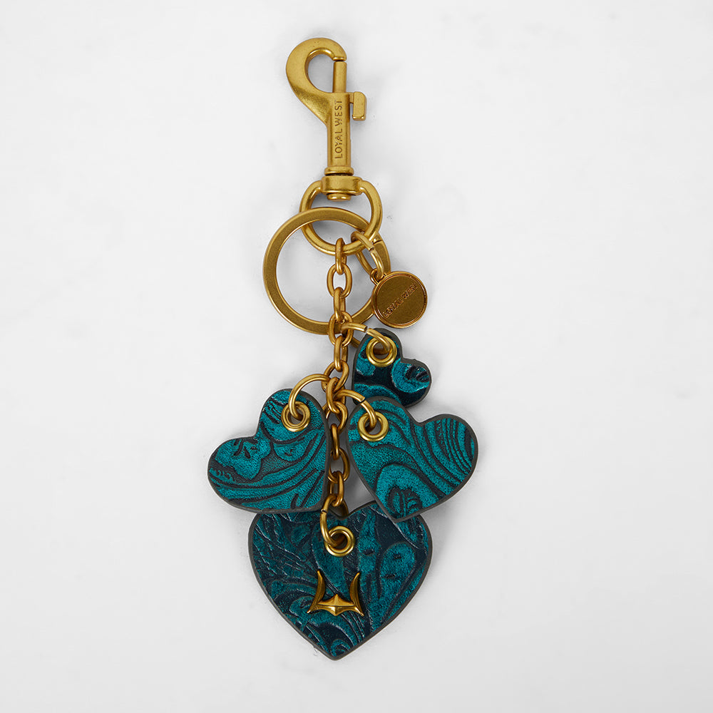 Loyal West HEART SHAPE KEYCHAIN IN HAND FINISHED EMBOSSED LEATHER -  TURQUOISE