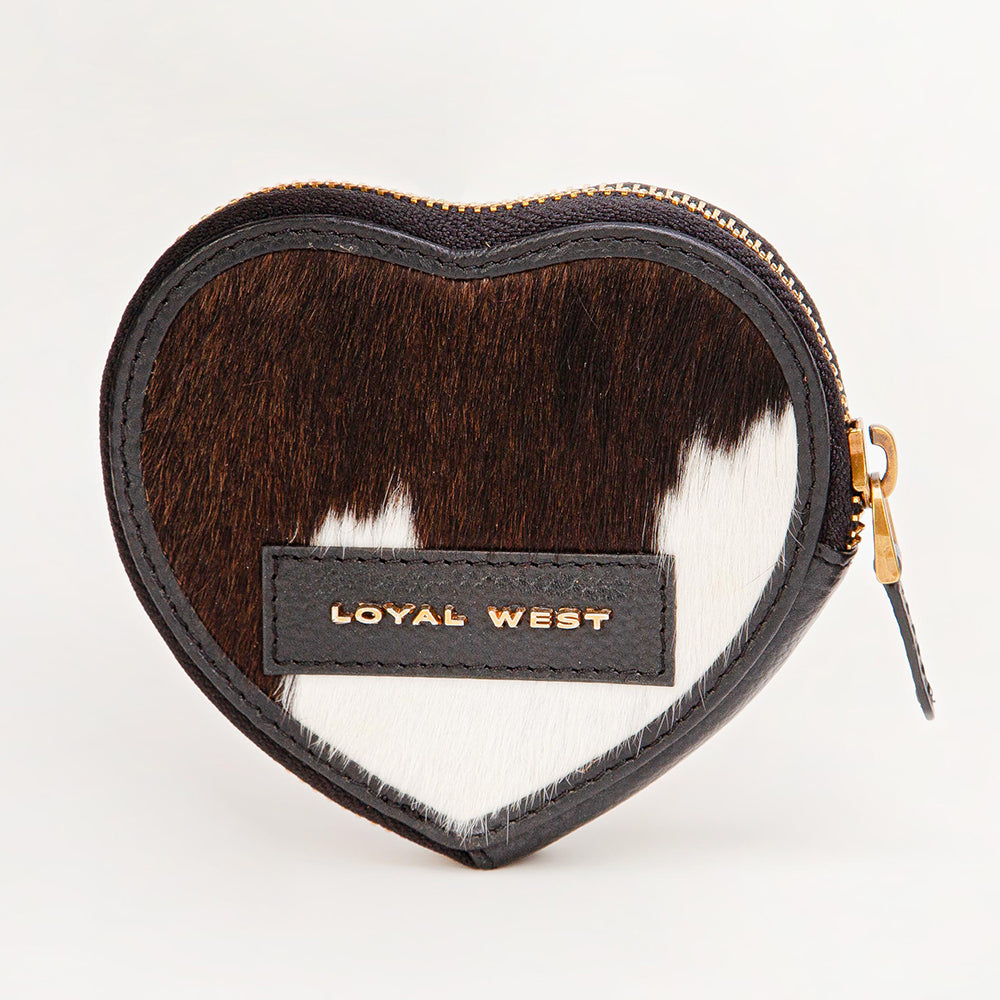 Loyal West Cupid Coin Pouch with black and white cowhide for everyday use