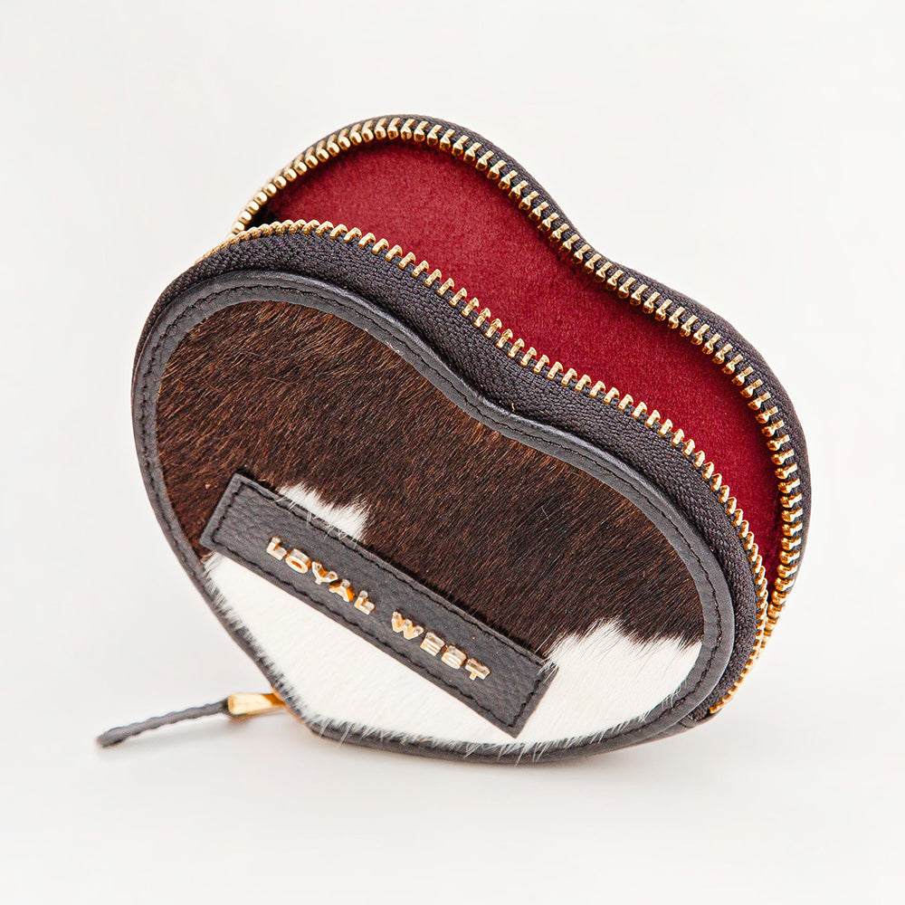 Loyal West Cupid Coin Pouch with black and white cowhide for everyday use
