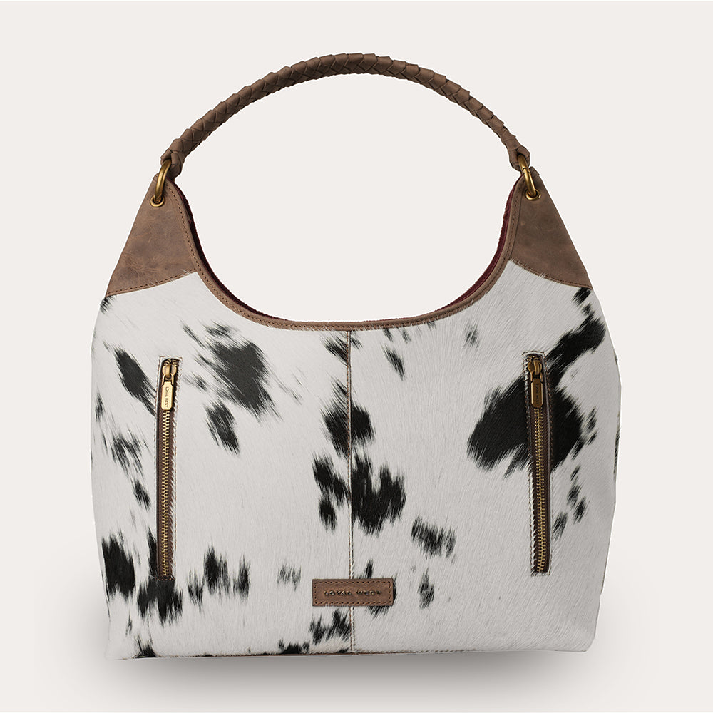 LW Large Purse - Black & White Cowhide with Oiled Brown Leather
