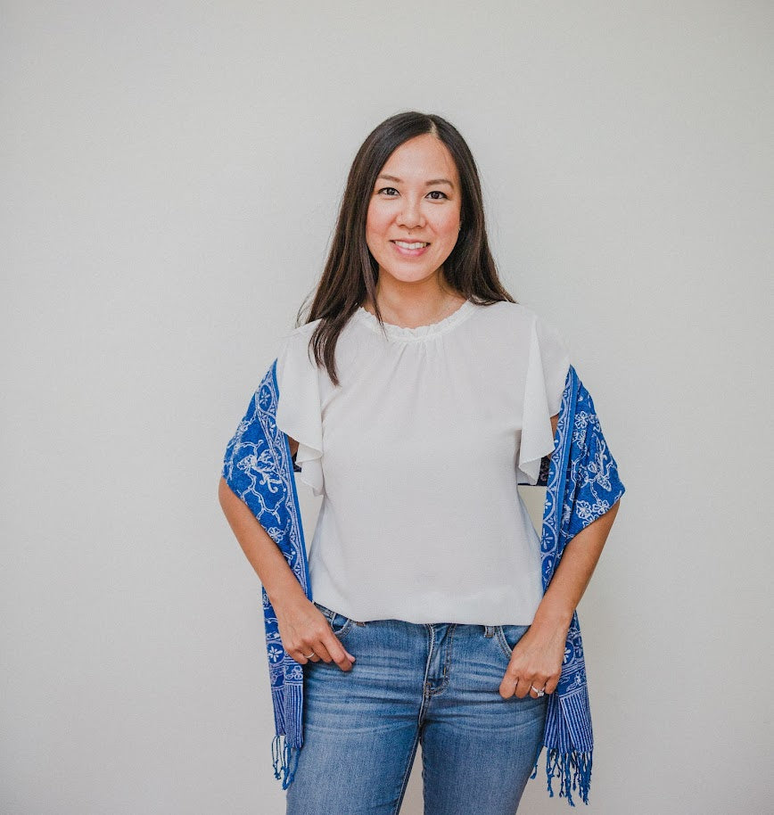 Handmade Batik Scarf, Blue White, Cotton Fabric, Butterfly