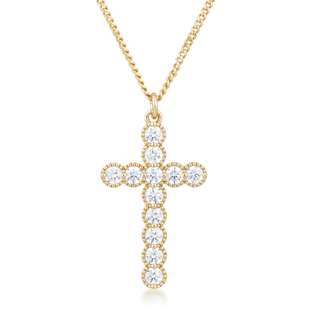 Avera Micro Beaded Plated CZ Cross Pendant Necklace